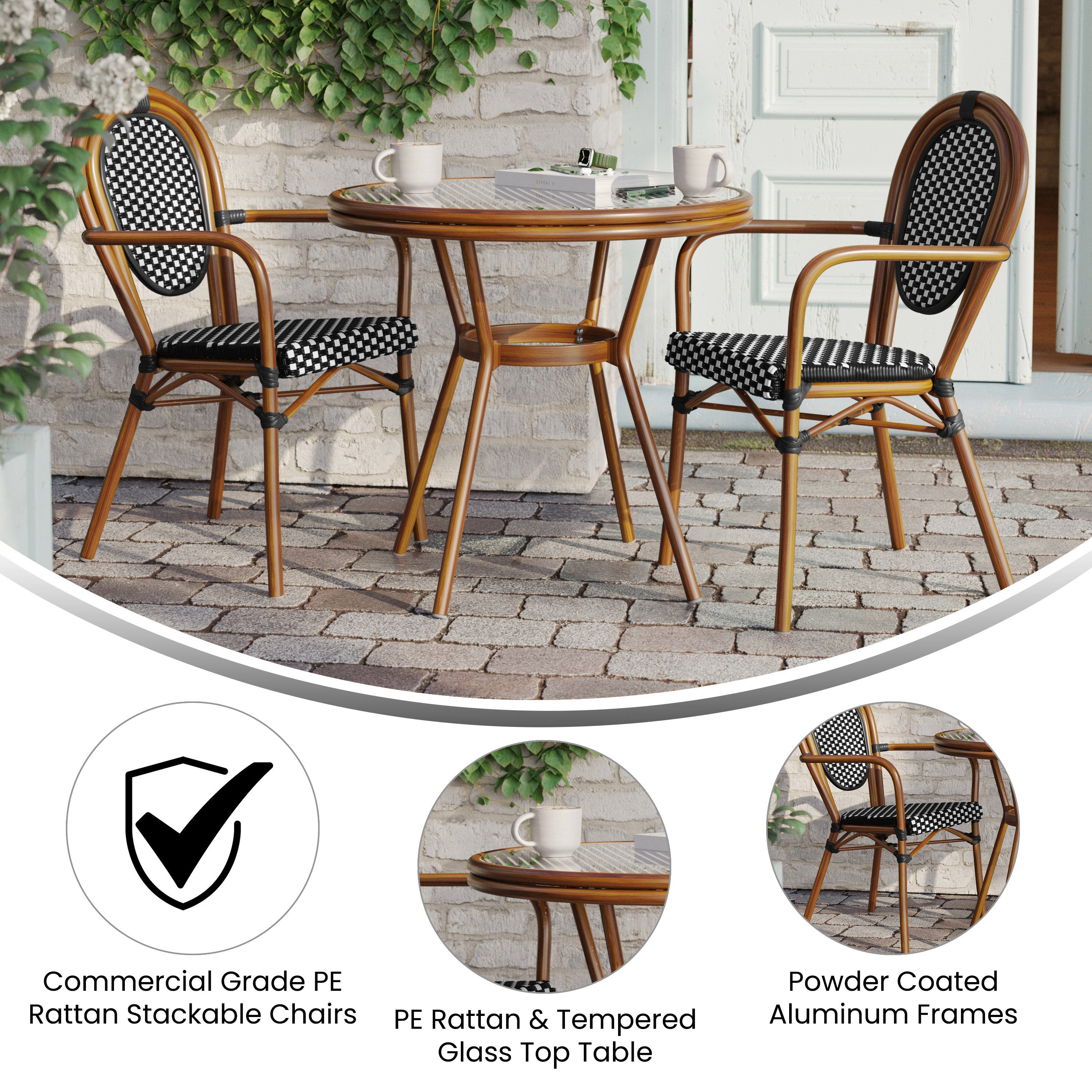 Lourdes Indoor/Outdoor Commercial Bistro 31.5" Table, Black and White PE Rattan, Glass Top with 2 Stack Chairs