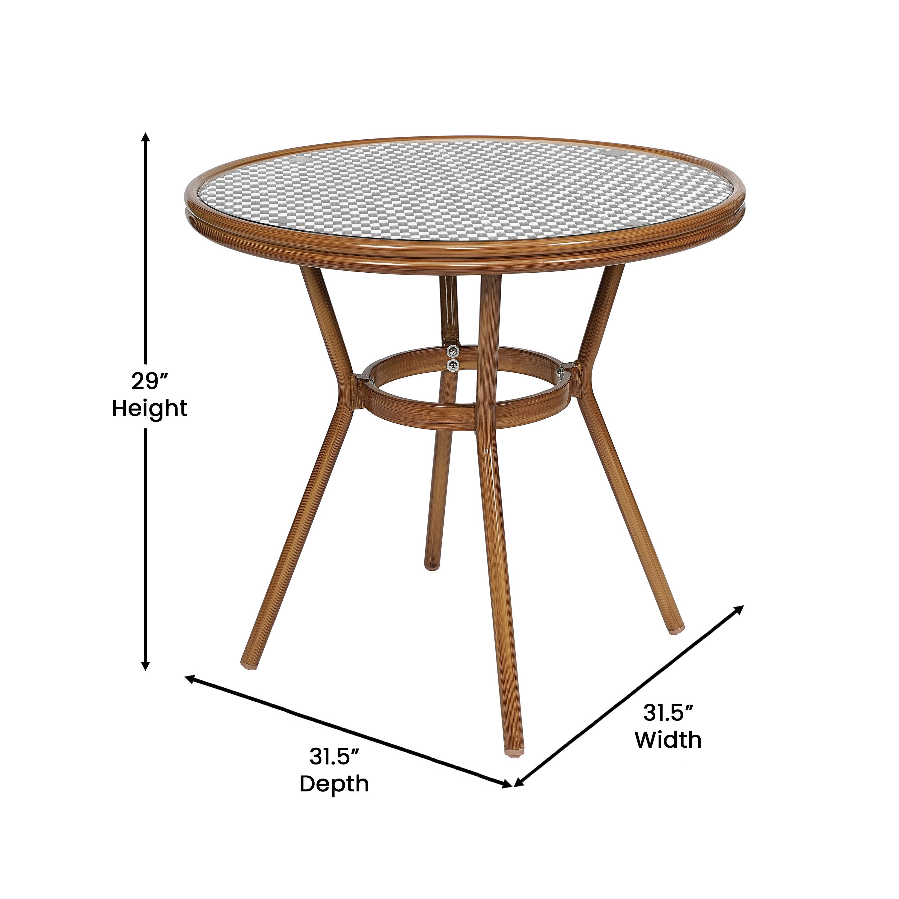 Lourdes Indoor/Outdoor Commercial Bistro 31.5" Table, Black and White PE Rattan, Glass Top with 2 Stack Chairs