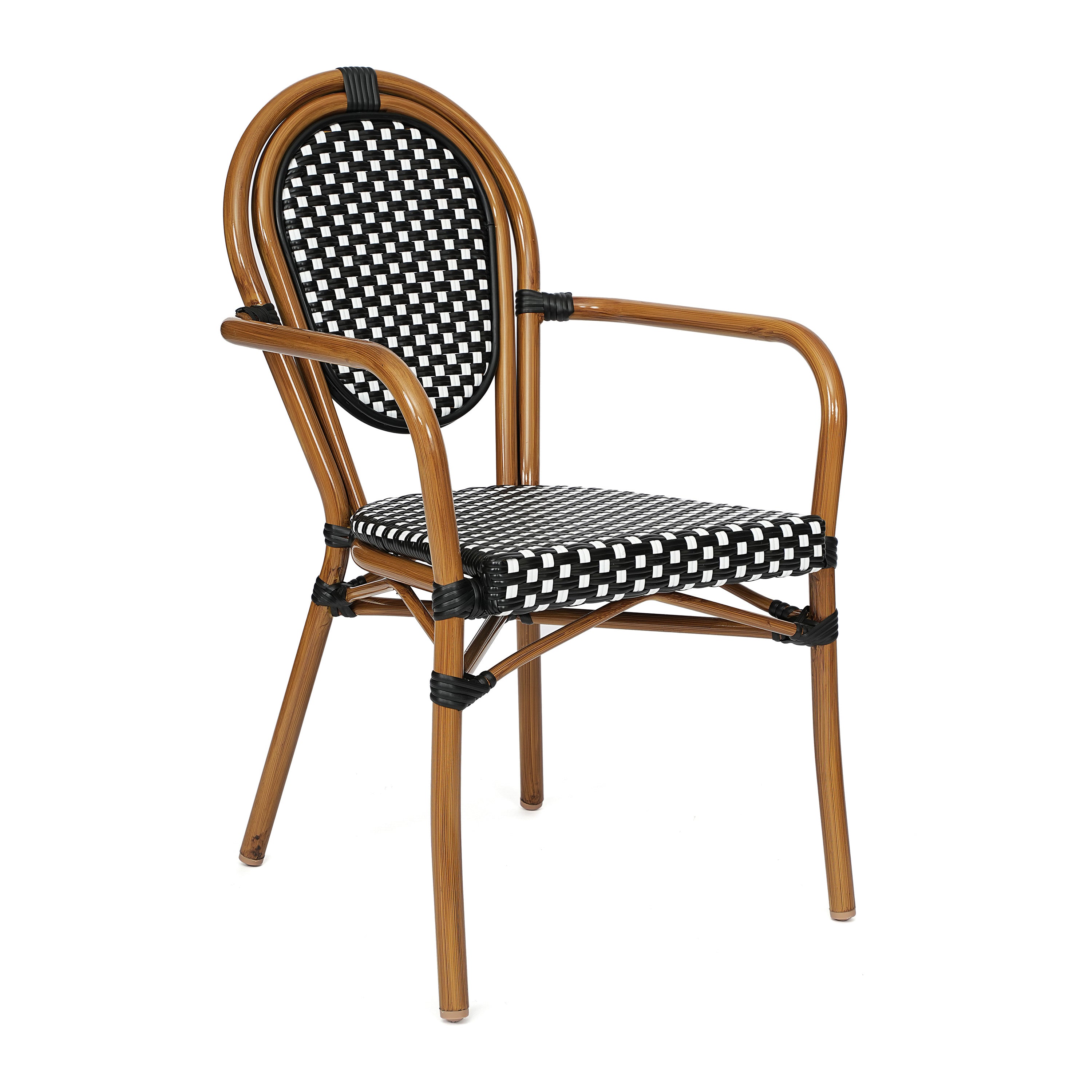 Lourdes Indoor/Outdoor Commercial Bistro 31.5" Table, Black and White PE Rattan, Glass Top with 2 Stack Chairs