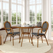 Lourdes Indoor/Outdoor Commercial Bistro 31.5" Table, Black and White PE Rattan, Glass Top with 2 Stack Chairs