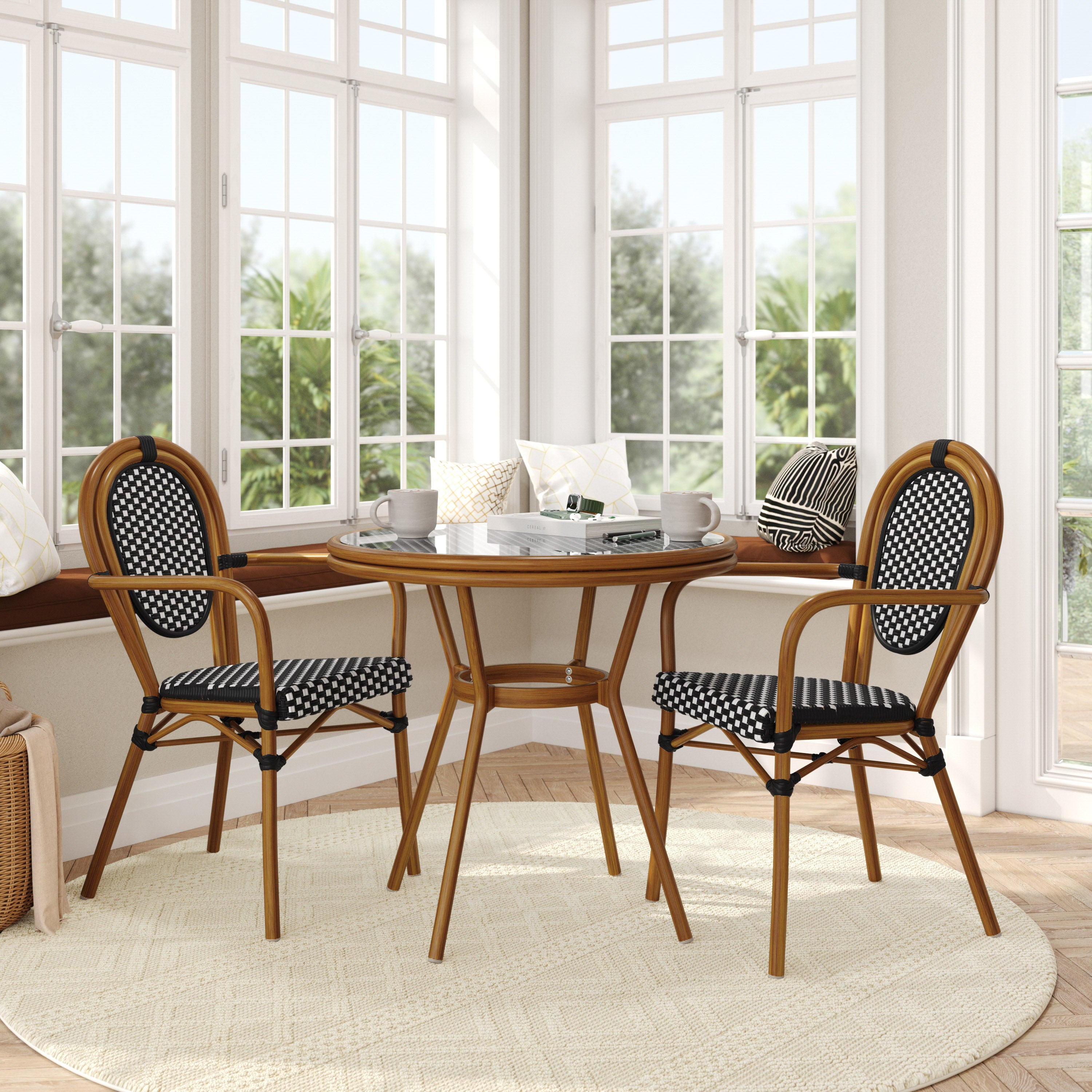 Lourdes Indoor/Outdoor Commercial Bistro 31.5" Table, Black and White PE Rattan, Glass Top with 2 Stack Chairs