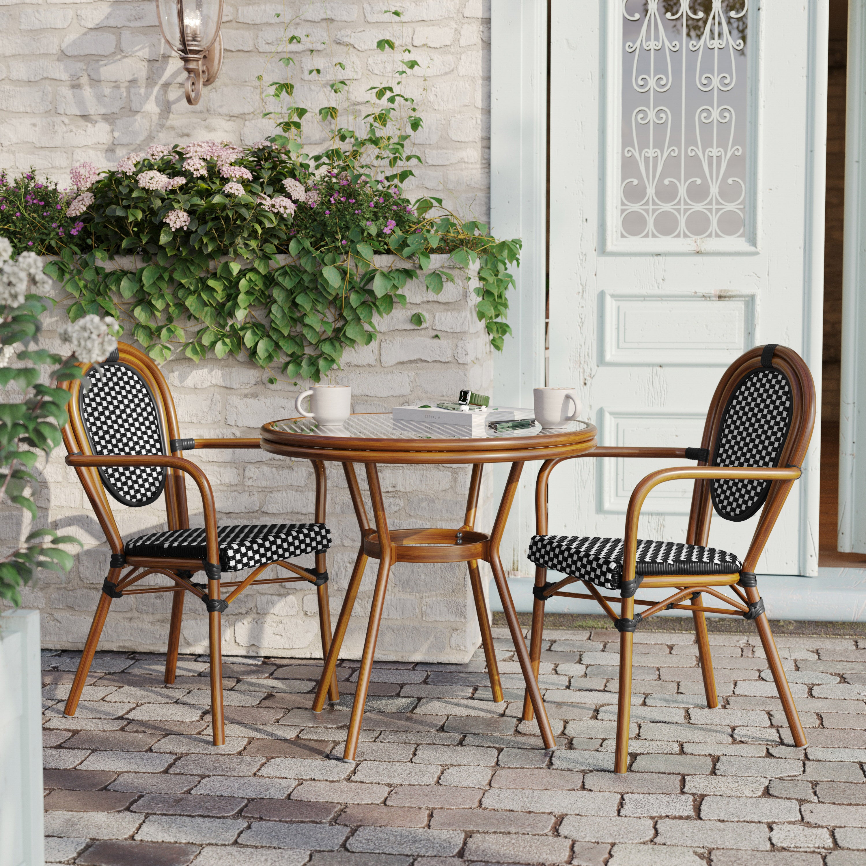 Lourdes Indoor/Outdoor Commercial Bistro 31.5" Table, Black and White PE Rattan, Glass Top with 2 Stack Chairs