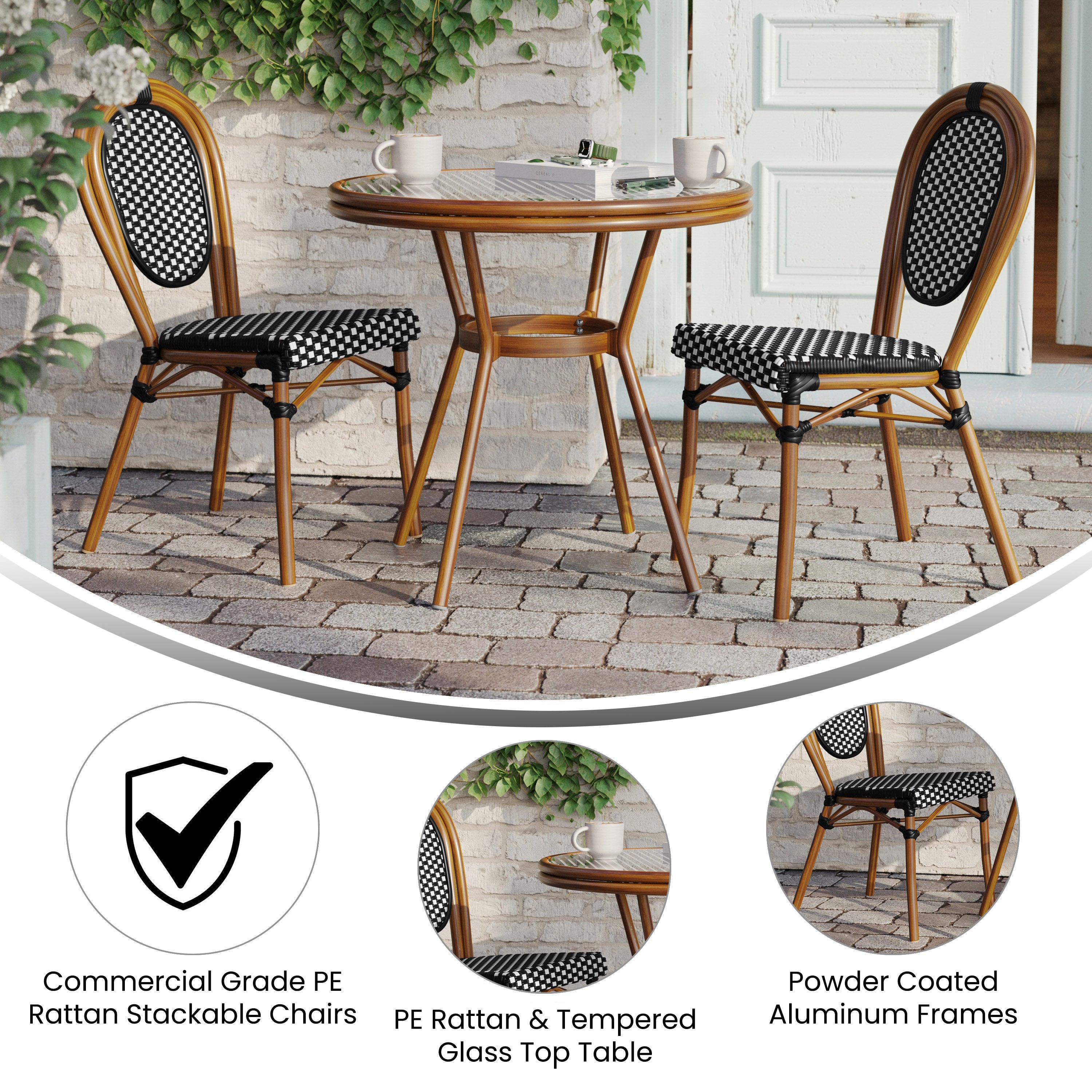 Lourdes Indoor/Outdoor Commercial Bistro 31.5" Table, Black and White PE Rattan, Glass Top with 2 Stack Chairs