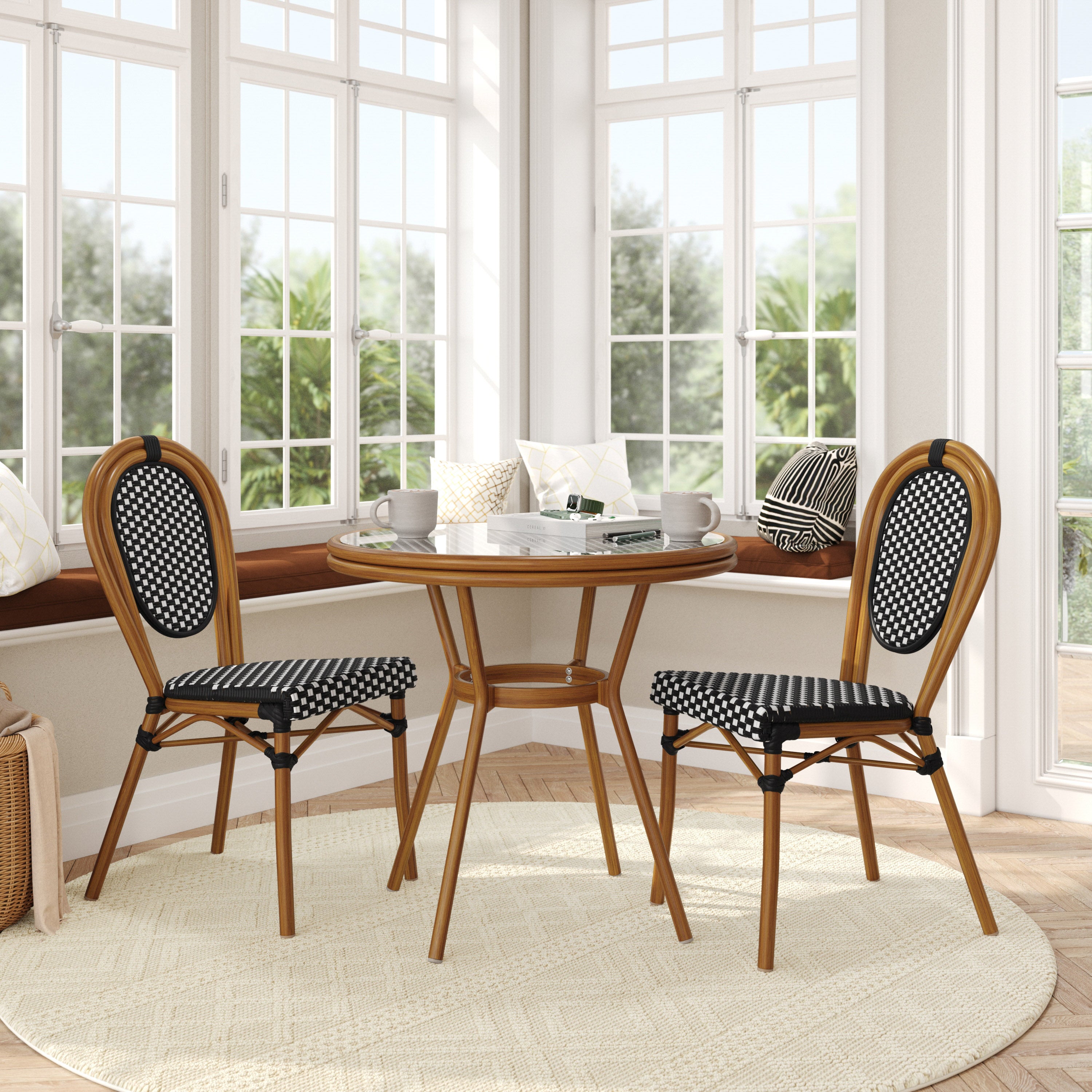 Lourdes Indoor/Outdoor Commercial Bistro 31.5" Table, Black and White PE Rattan, Glass Top with 2 Stack Chairs