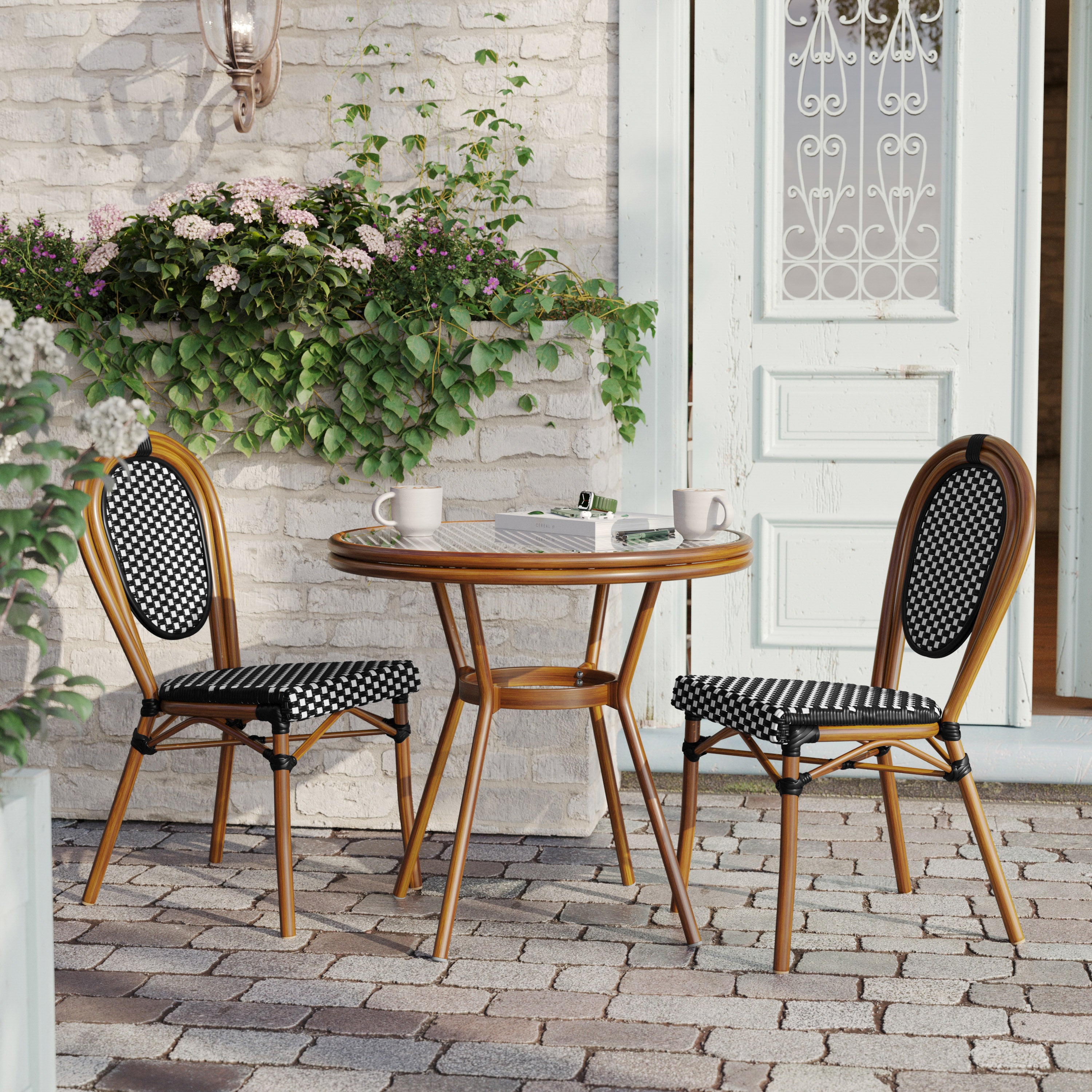 Lourdes Indoor/Outdoor Commercial Bistro 31.5" Table, Black and White PE Rattan, Glass Top with 2 Stack Chairs