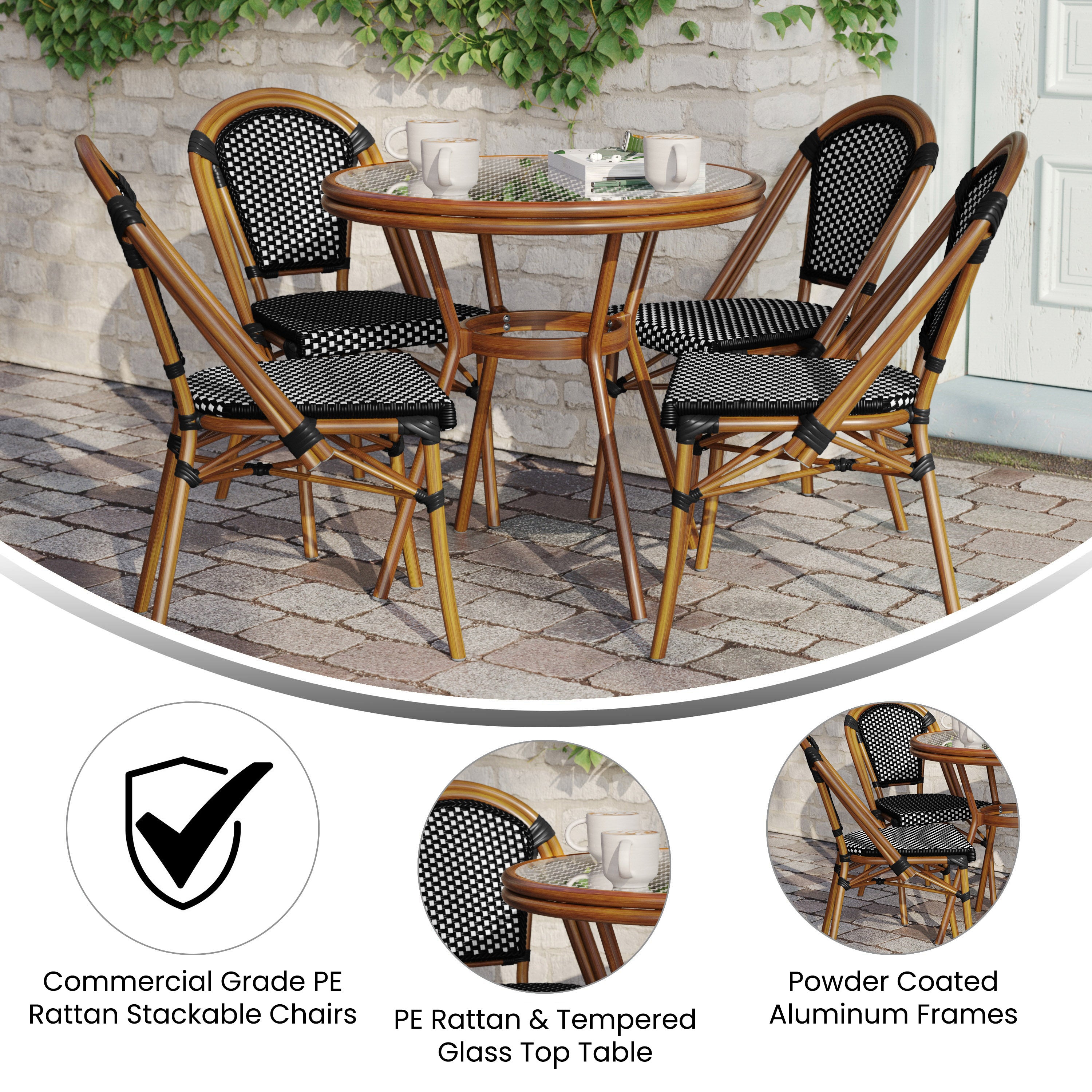 Bordeaux Indoor/Outdoor Commercial Bistro 31.5" Table, Black and White PE Rattan, Glass Top with 4 Stack Chairs