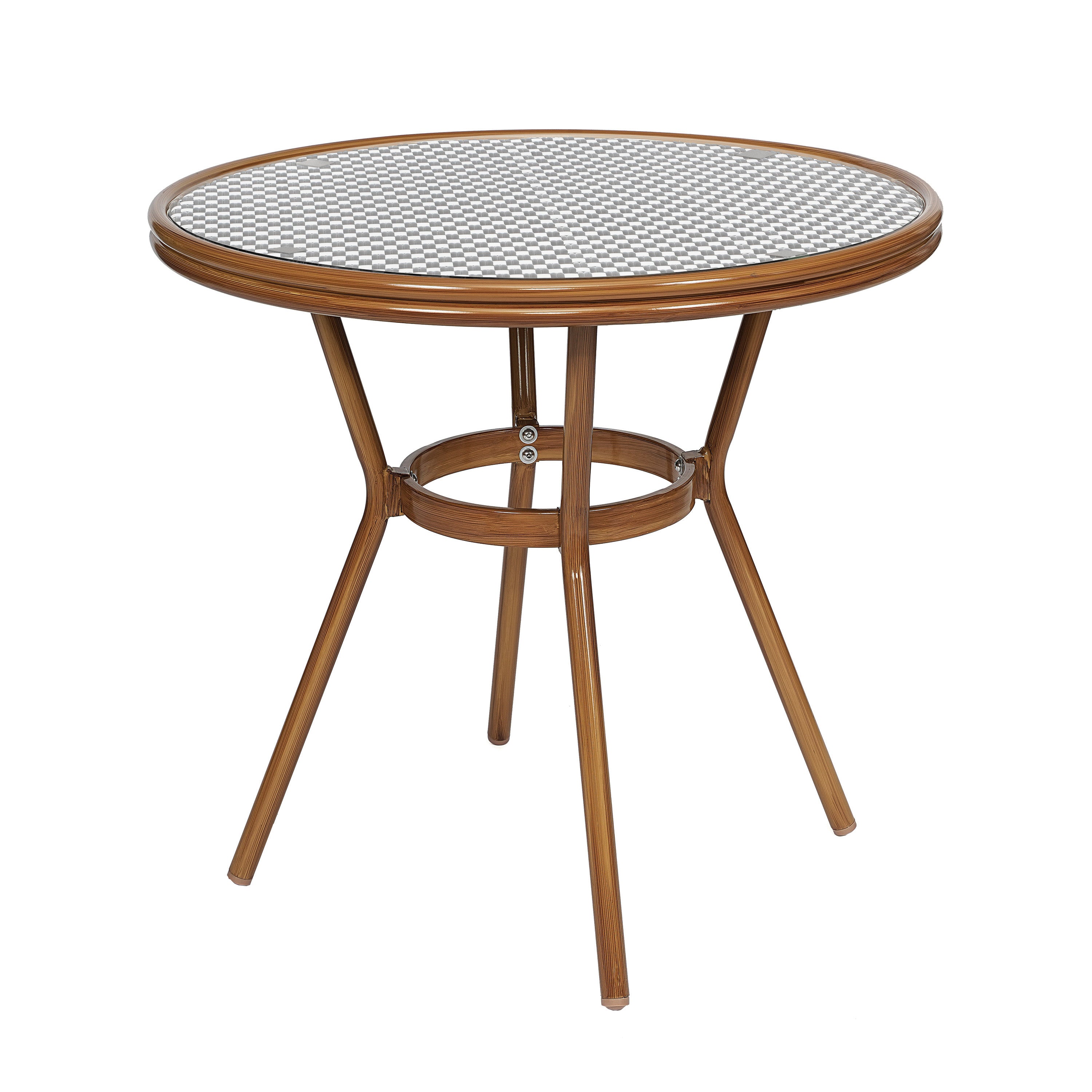 Bordeaux Indoor/Outdoor Commercial Bistro 31.5" Table, Black and White PE Rattan, Glass Top with 4 Stack Chairs
