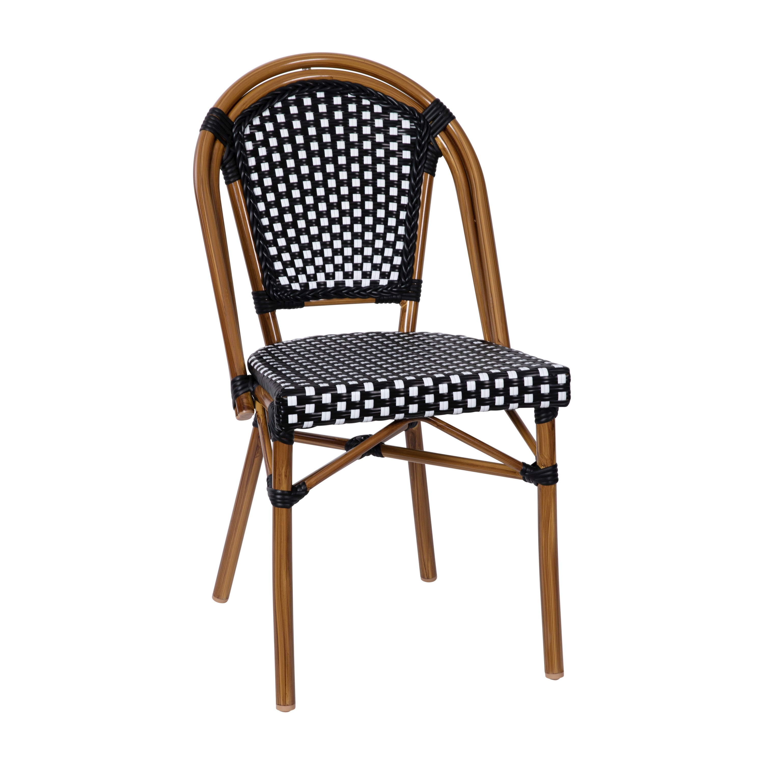 Bordeaux Indoor/Outdoor Commercial Bistro 31.5" Table, Black and White PE Rattan, Glass Top with 4 Stack Chairs