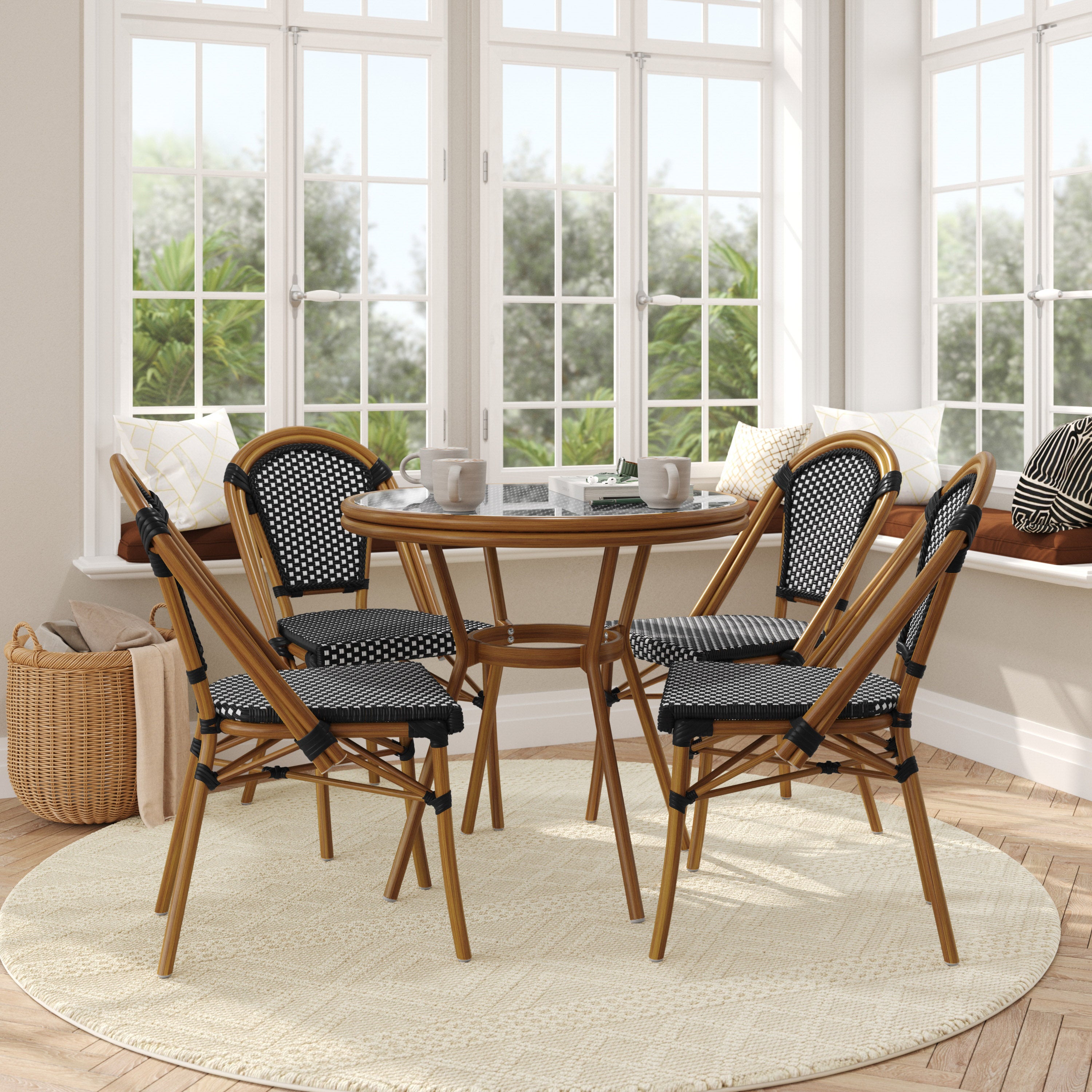 Bordeaux Indoor/Outdoor Commercial Bistro 31.5" Table, Black and White PE Rattan, Glass Top with 4 Stack Chairs