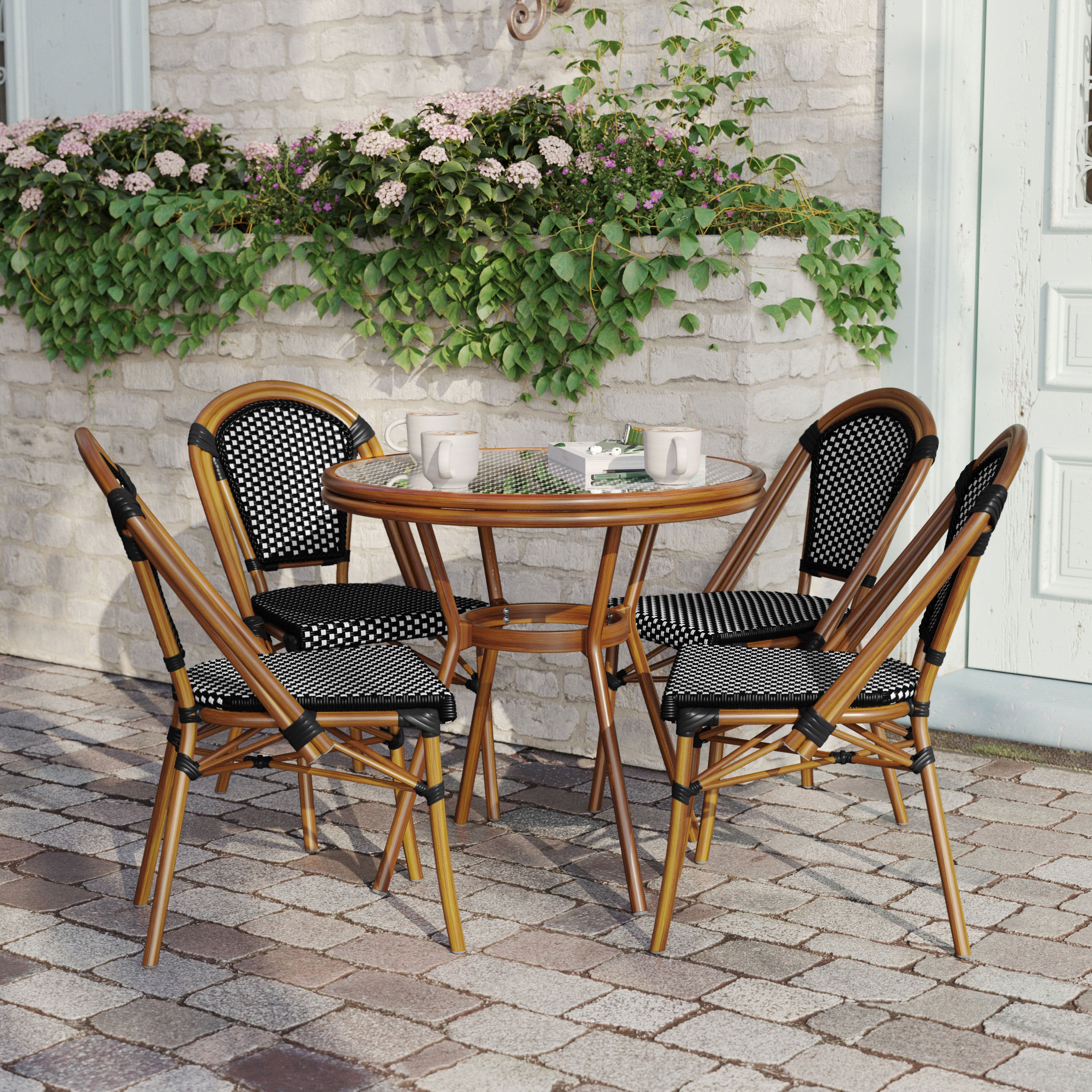 Bordeaux Indoor/Outdoor Commercial Bistro 31.5" Table, Black and White PE Rattan, Glass Top with 4 Stack Chairs