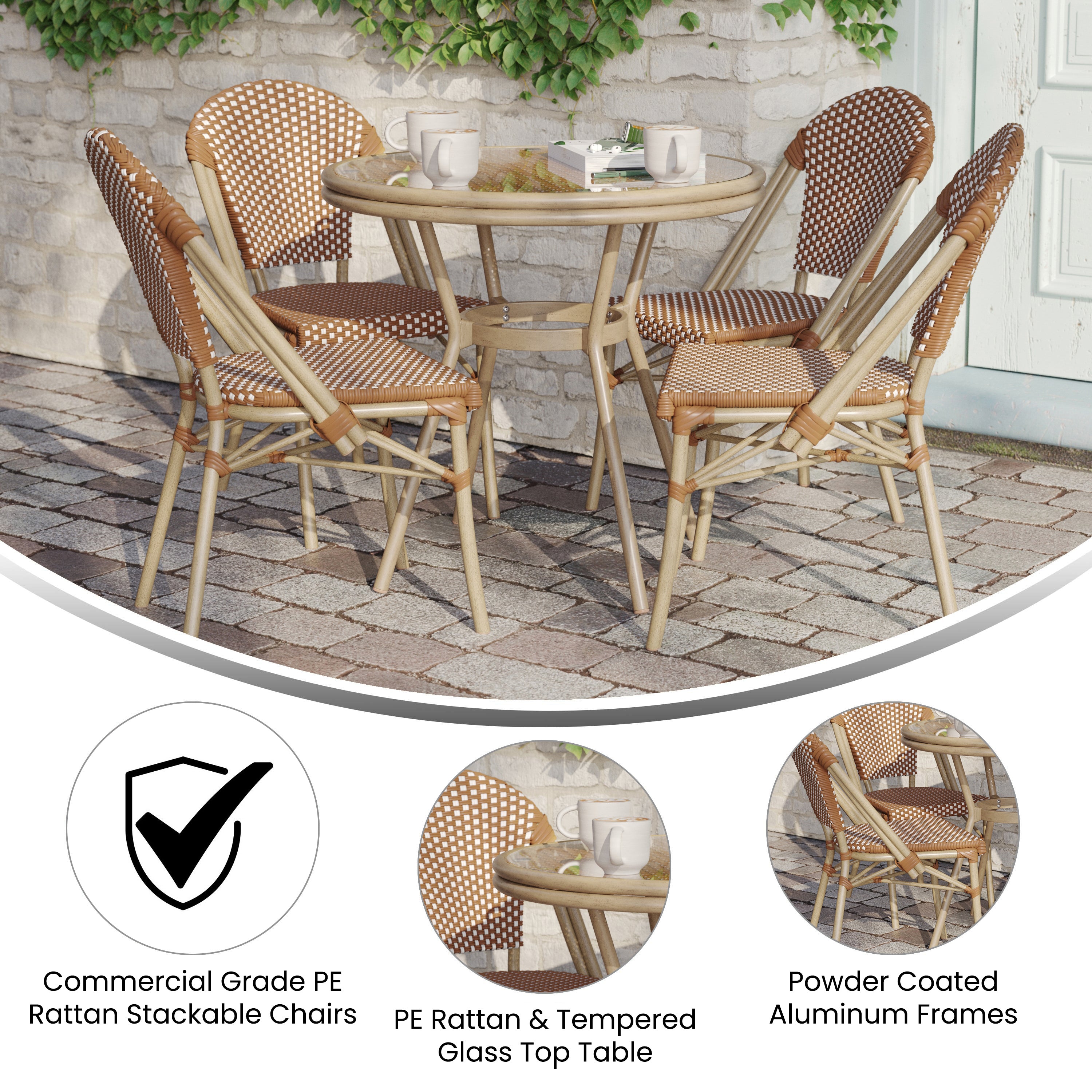Lourdes Indoor/Outdoor Commercial Bistro 31.5" Table, Natural/White PE Rattan, Glass Top with 4 Stack Chairs - Light Natural