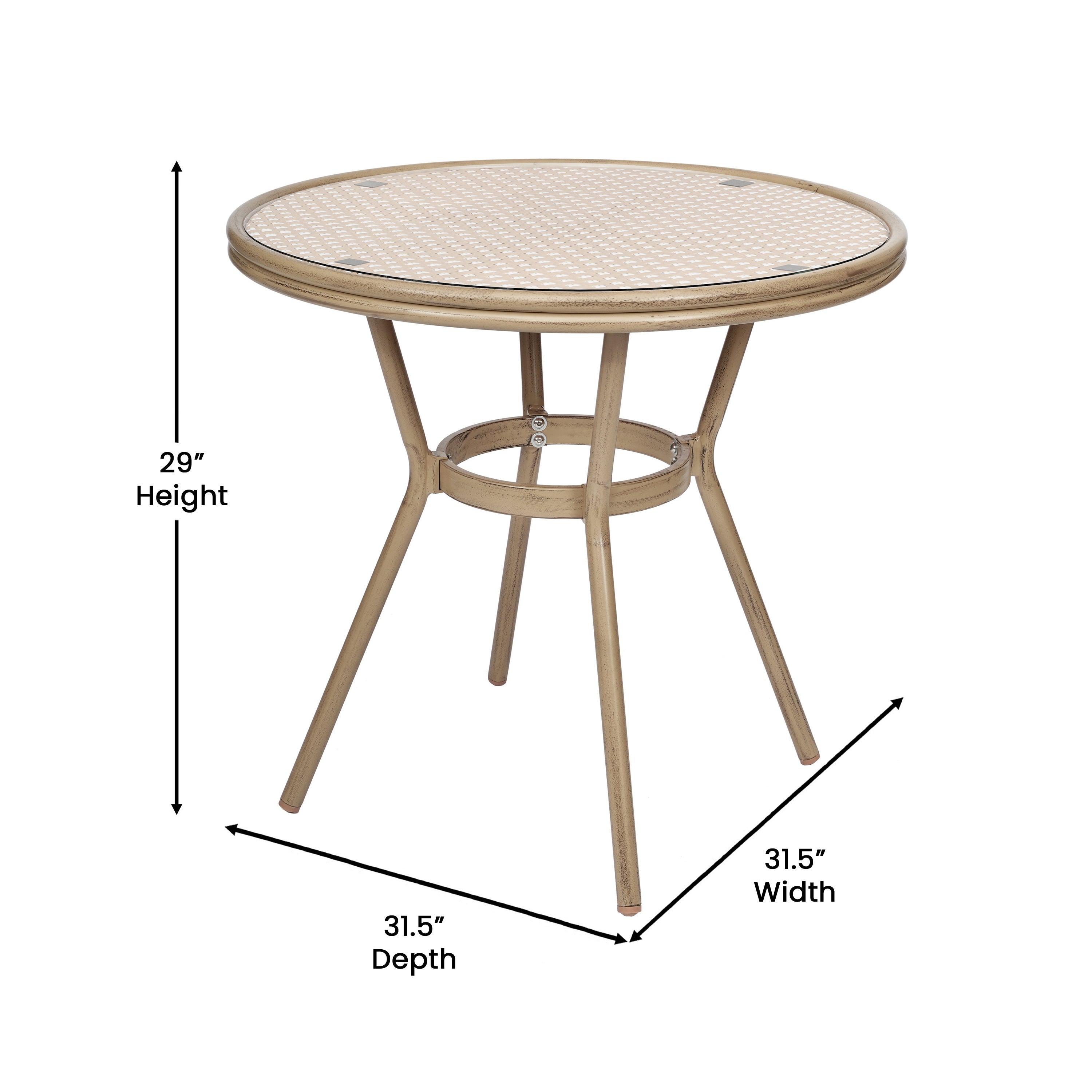 Lourdes Indoor/Outdoor Commercial Bistro 31.5" Table, Natural/White PE Rattan, Glass Top with 4 Stack Chairs - Light Natural