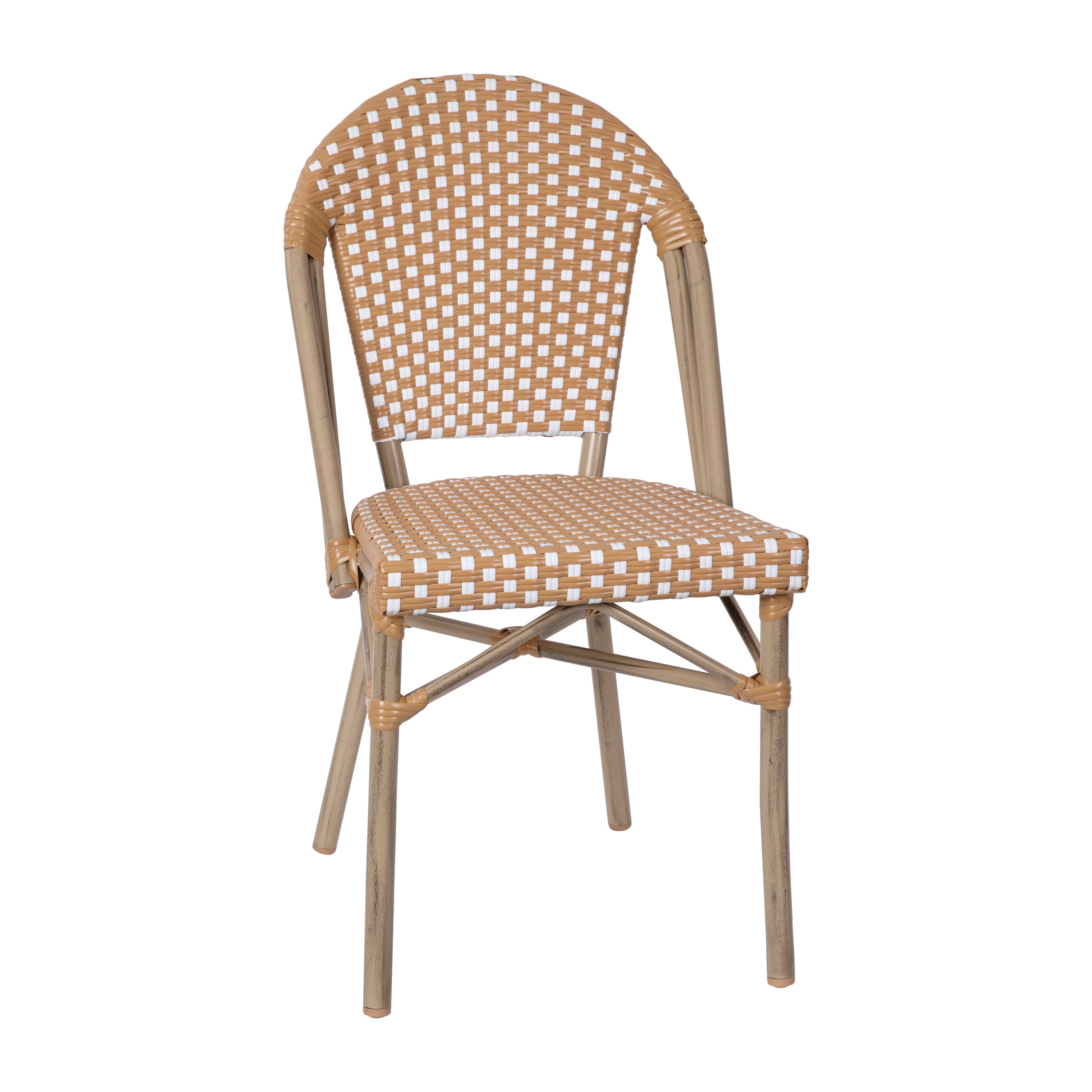 Lourdes Indoor/Outdoor Commercial Bistro 31.5" Table, Natural/White PE Rattan, Glass Top with 4 Stack Chairs - Light Natural