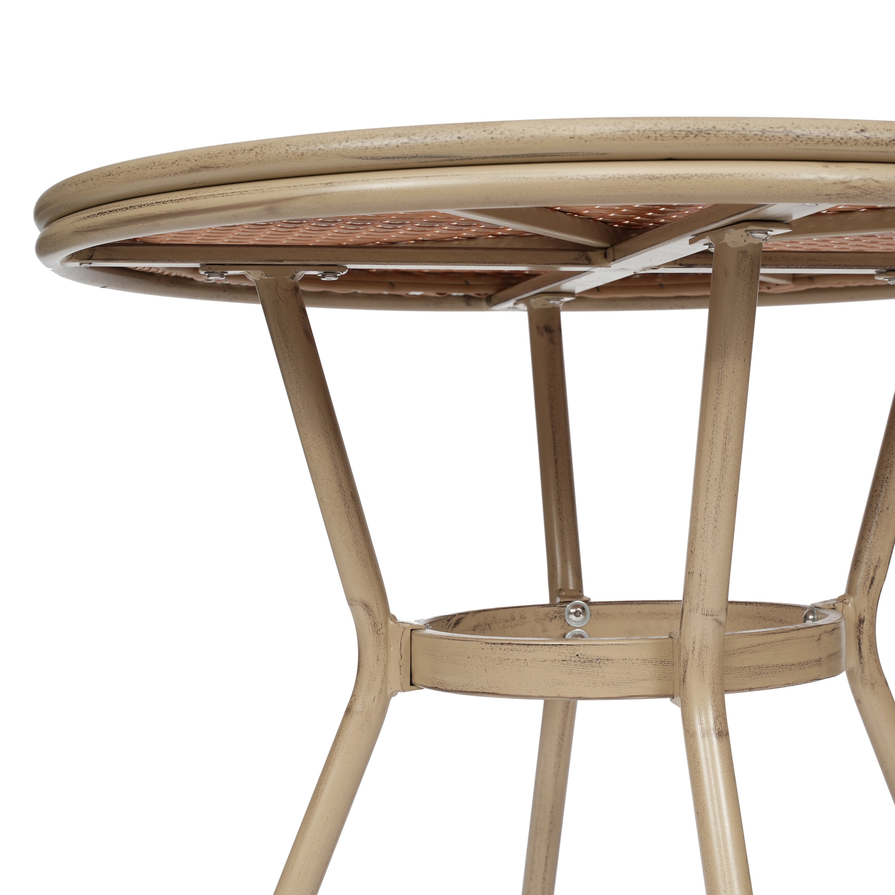 Lourdes Indoor/Outdoor Commercial Bistro 31.5" Table, Natural/White PE Rattan, Glass Top with 4 Stack Chairs - Light Natural