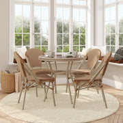 Lourdes Indoor/Outdoor Commercial Bistro 31.5" Table, Natural/White PE Rattan, Glass Top with 4 Stack Chairs - Light Natural