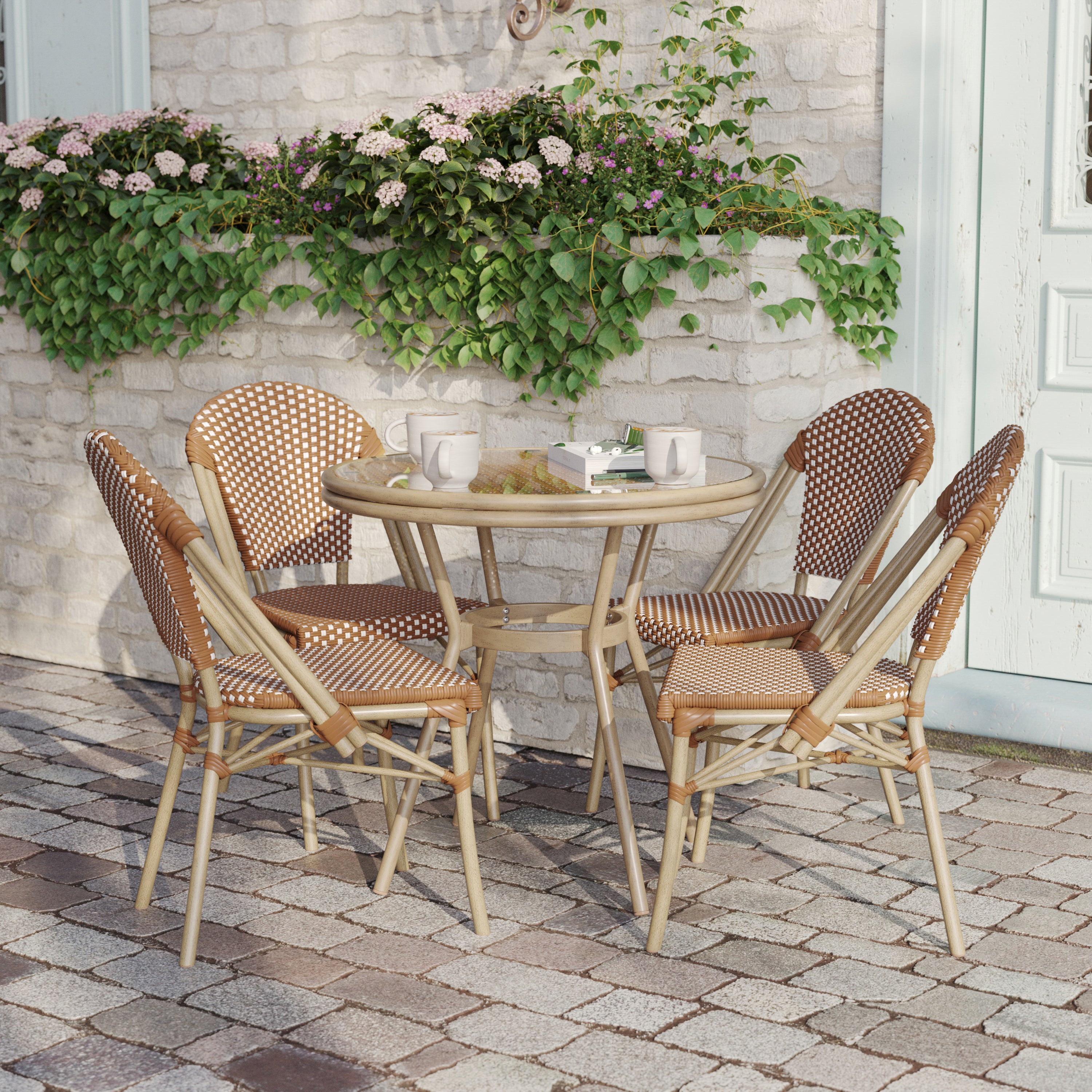 Lourdes Indoor/Outdoor Commercial Bistro 31.5" Table, Natural/White PE Rattan, Glass Top with 4 Stack Chairs - Light Natural