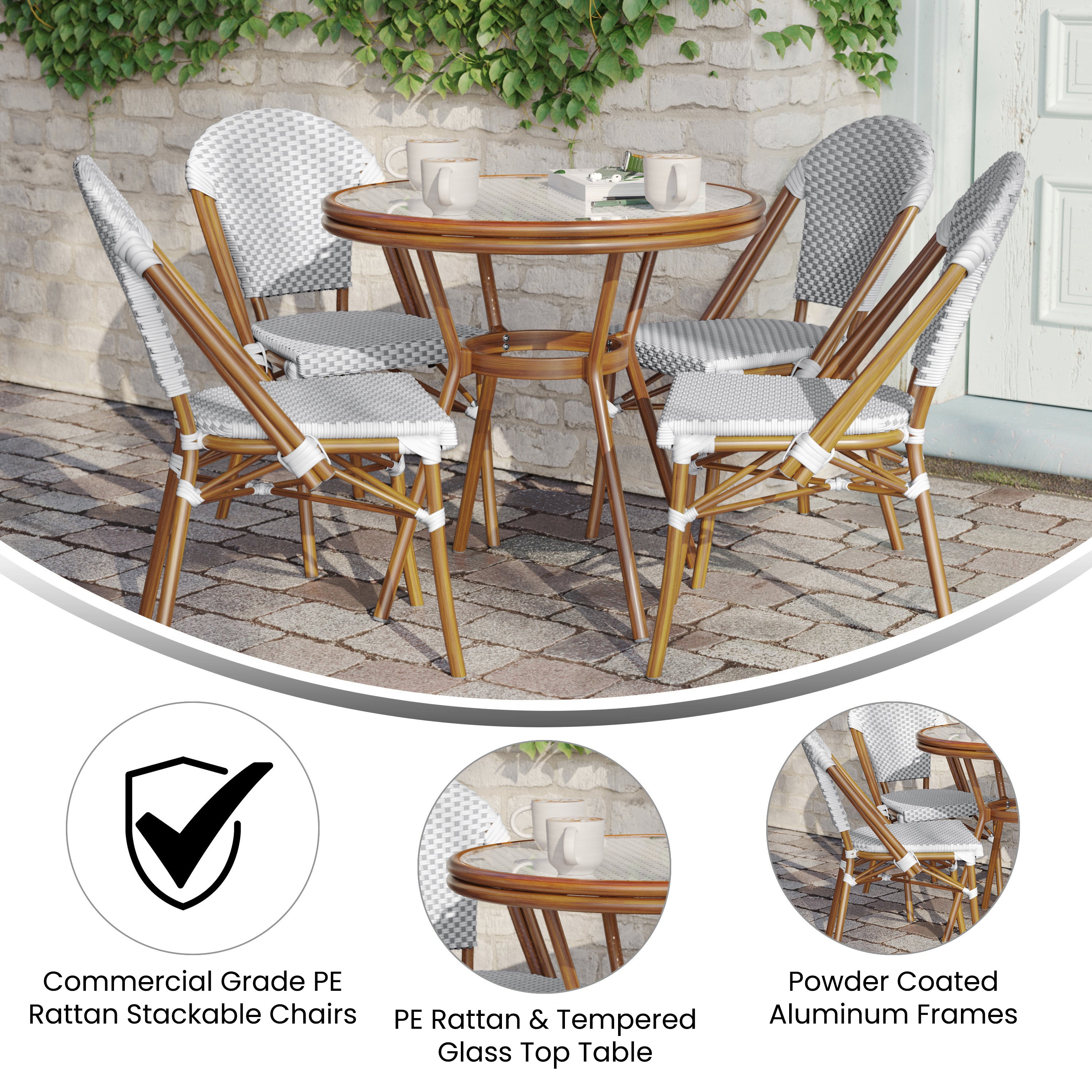 Lourdes Indoor/Outdoor Commercial Bistro 31.5" Table, White and Gray PE Rattan, Glass Top with 4 Stack Chairs - Natural Frame