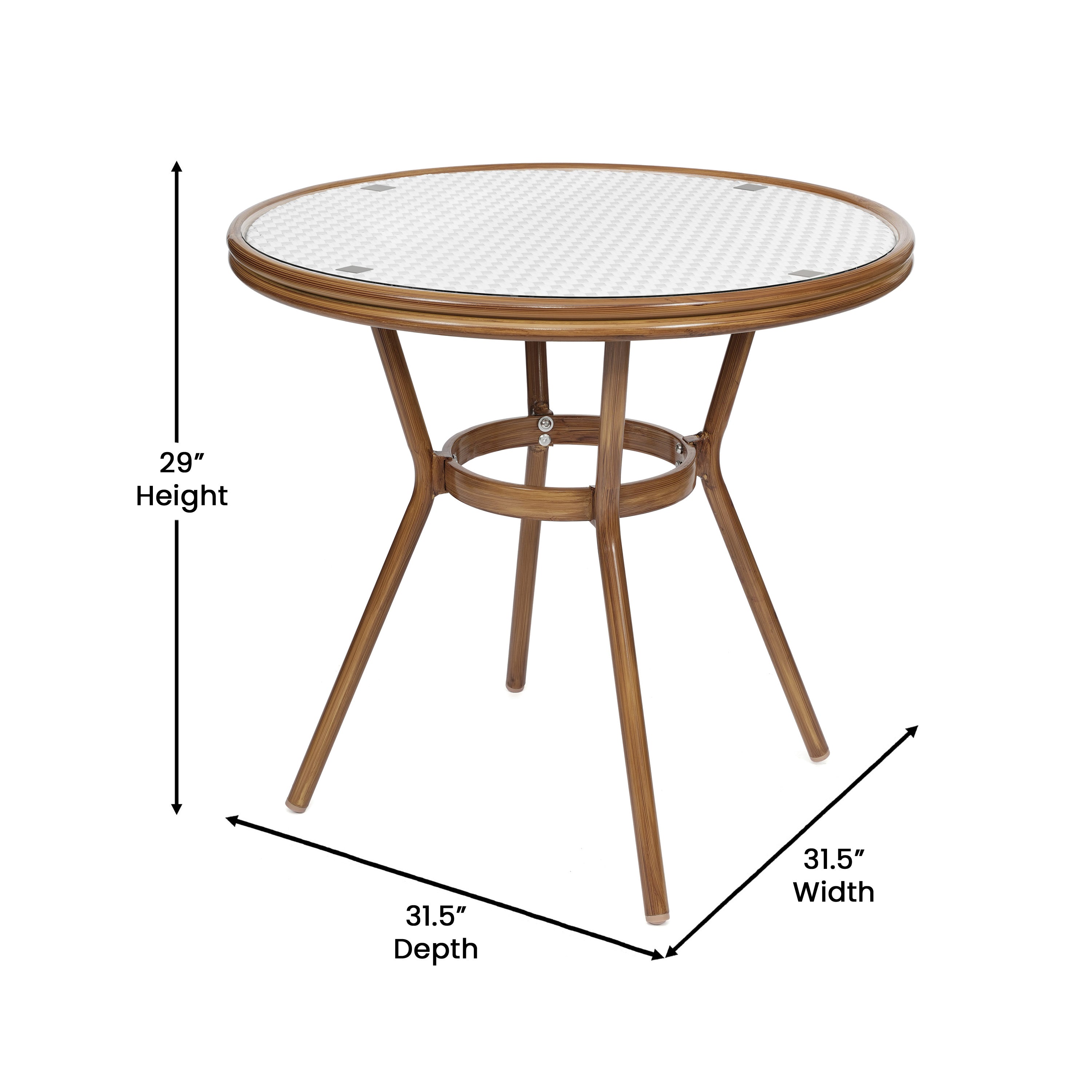 Lourdes Indoor/Outdoor Commercial Bistro 31.5" Table, White and Gray PE Rattan, Glass Top with 4 Stack Chairs - Natural Frame