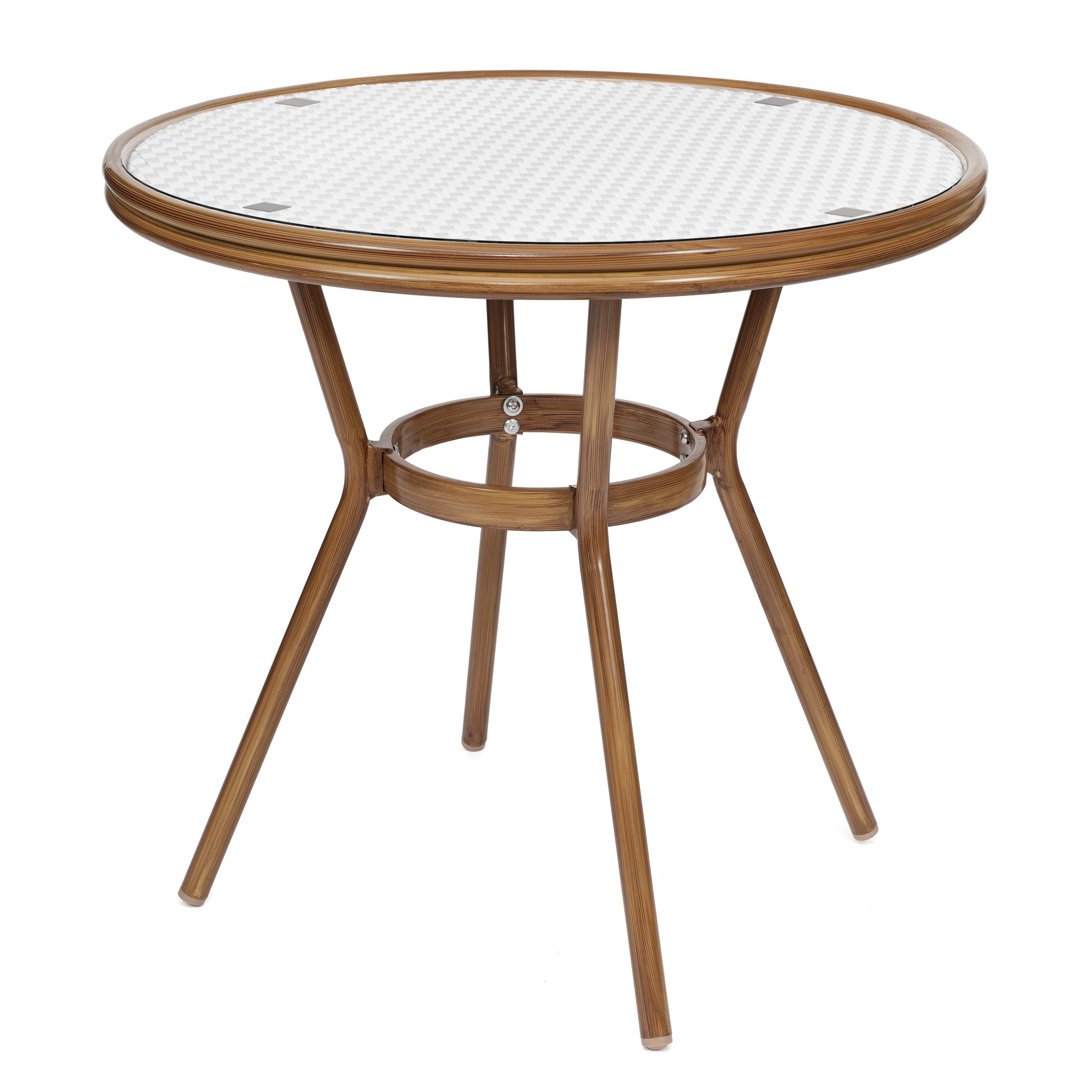 Lourdes Indoor/Outdoor Commercial Bistro 31.5" Table, White and Gray PE Rattan, Glass Top with 4 Stack Chairs - Natural Frame