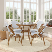 Lourdes Indoor/Outdoor Commercial Bistro 31.5" Table, White and Gray PE Rattan, Glass Top with 4 Stack Chairs - Natural Frame