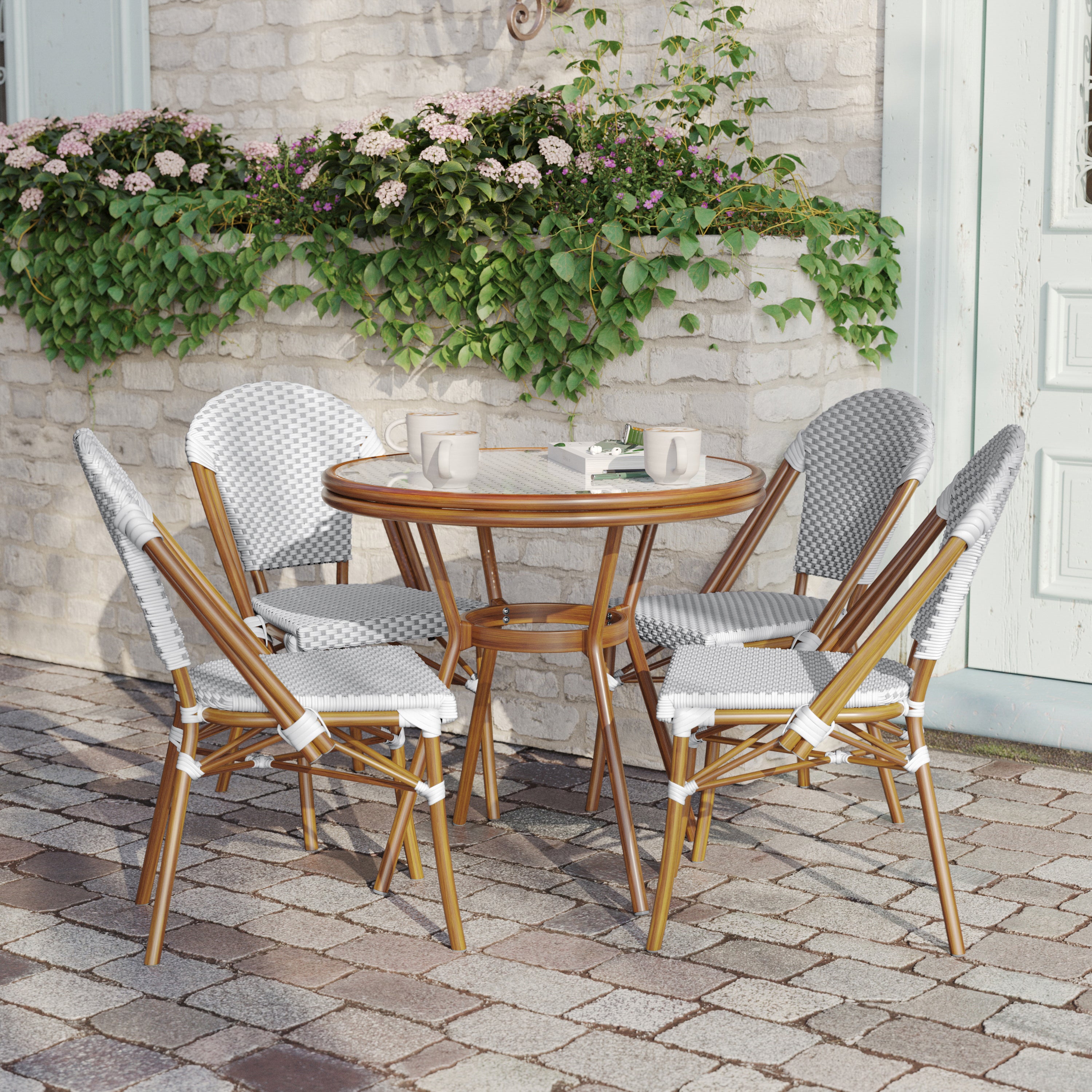 Lourdes Indoor/Outdoor Commercial Bistro 31.5" Table, White and Gray PE Rattan, Glass Top with 4 Stack Chairs - Natural Frame