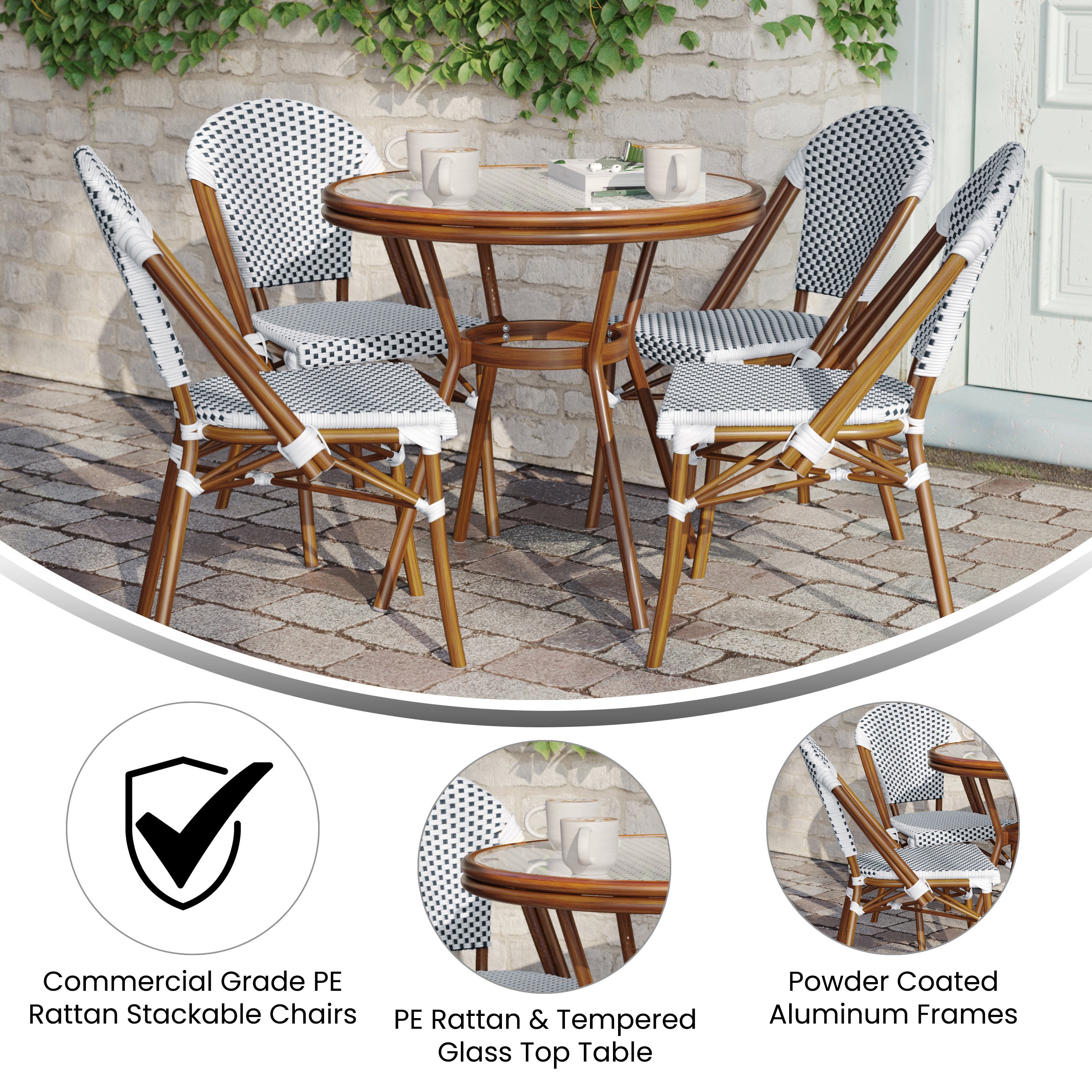 Lourdes Indoor/Outdoor Commercial Bistro 31.5" Table, White and Navy PE Rattan, Glass Top with 4 Stack Chairs - Natural Frame