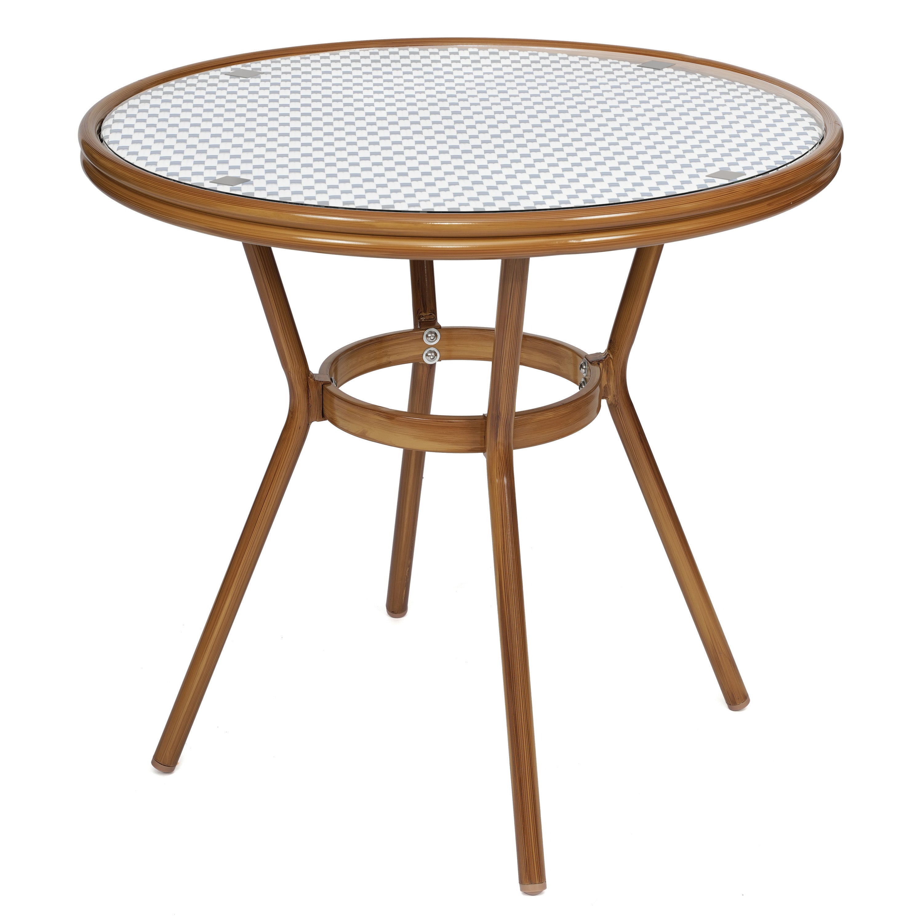 Lourdes Indoor/Outdoor Commercial Bistro 31.5" Table, White and Navy PE Rattan, Glass Top with 4 Stack Chairs - Natural Frame