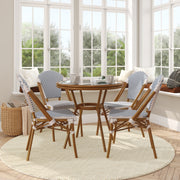 Lourdes Indoor/Outdoor Commercial Bistro 31.5" Table, White and Navy PE Rattan, Glass Top with 4 Stack Chairs - Natural Frame
