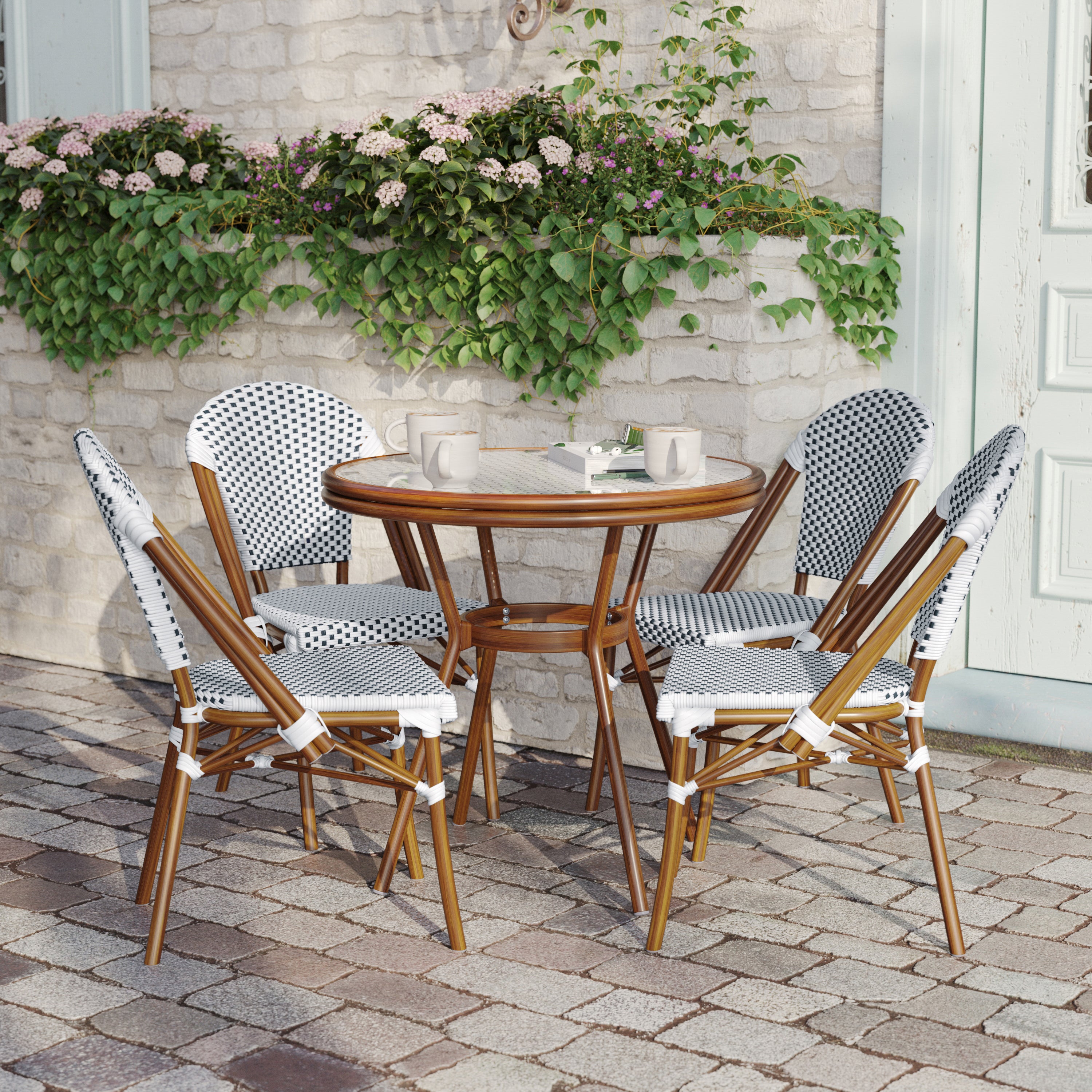 Lourdes Indoor/Outdoor Commercial Bistro 31.5" Table, White and Navy PE Rattan, Glass Top with 4 Stack Chairs - Natural Frame