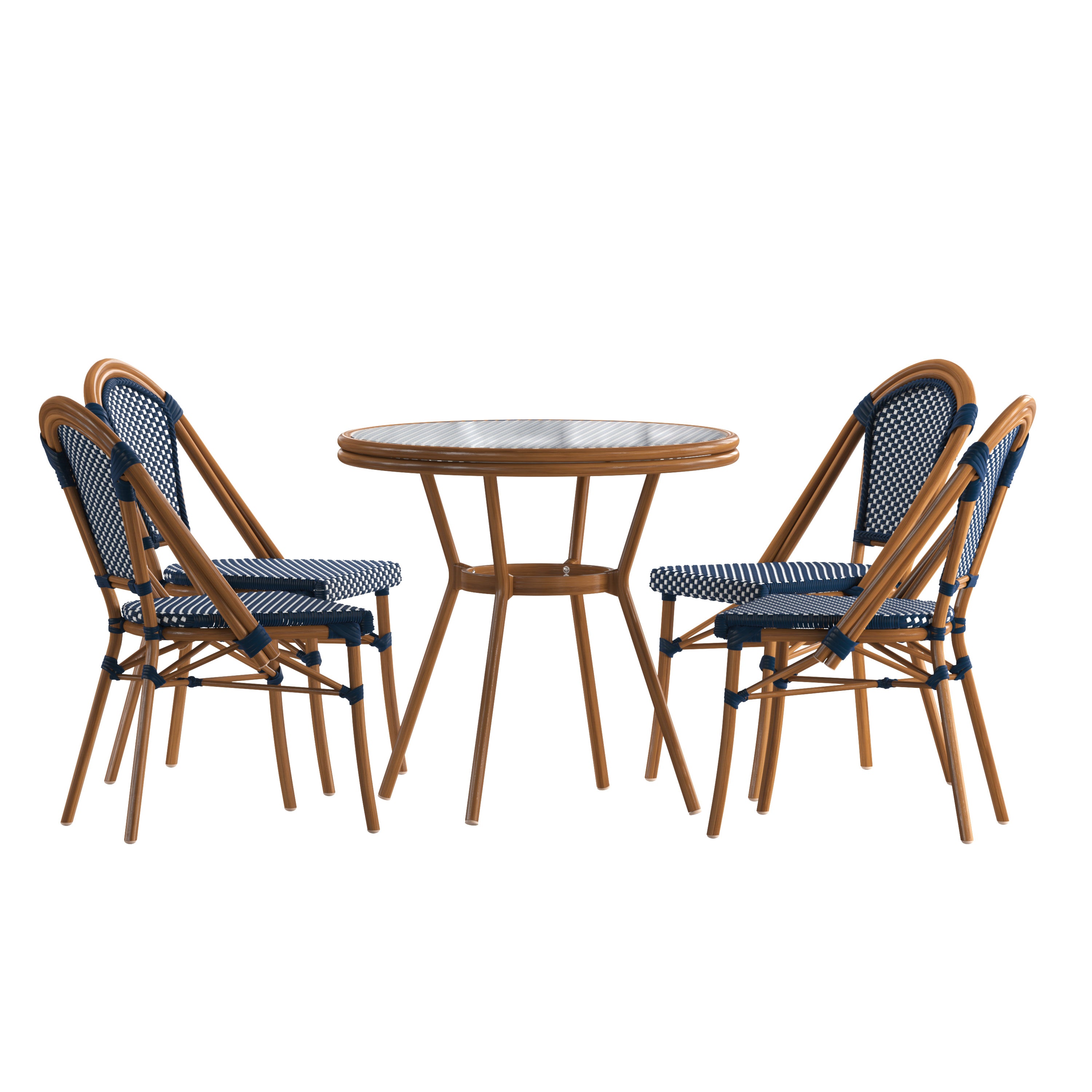 Bordeaux Indoor/Outdoor Commercial Bistro 31.5" Table, Navy and White PE Rattan, Glass Top with 4 Stack Chairs - Natural Frame