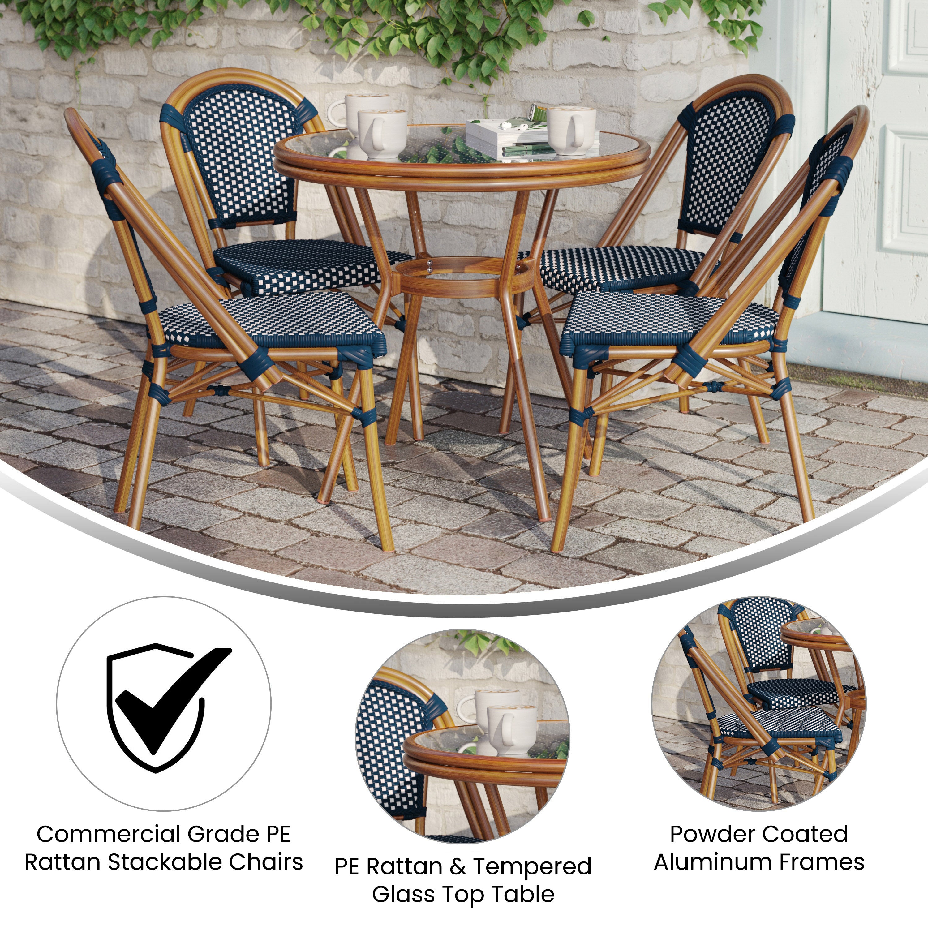 Bordeaux Indoor/Outdoor Commercial Bistro 31.5" Table, Navy and White PE Rattan, Glass Top with 4 Stack Chairs - Natural Frame