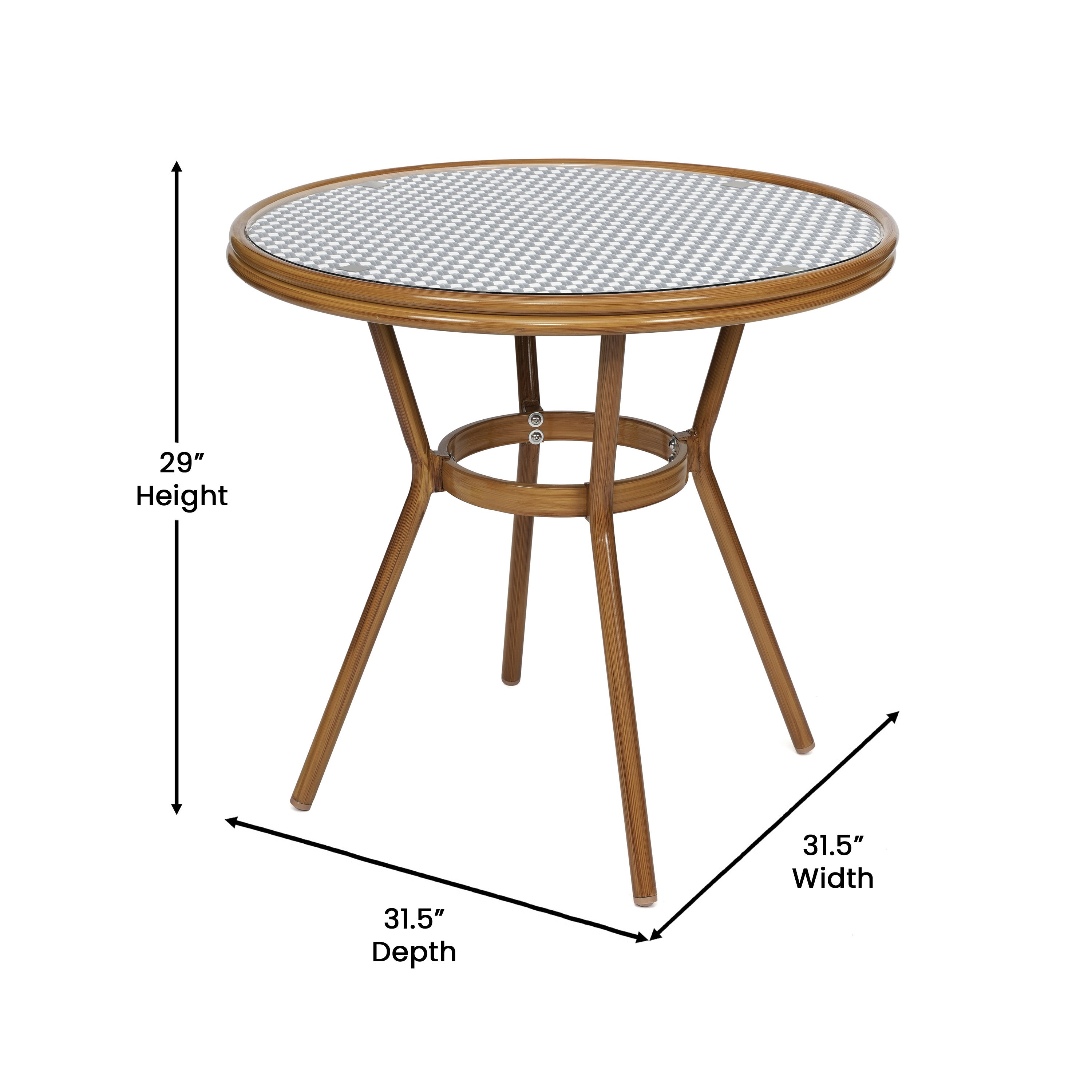 Bordeaux Indoor/Outdoor Commercial Bistro 31.5" Table, Navy and White PE Rattan, Glass Top with 4 Stack Chairs - Natural Frame