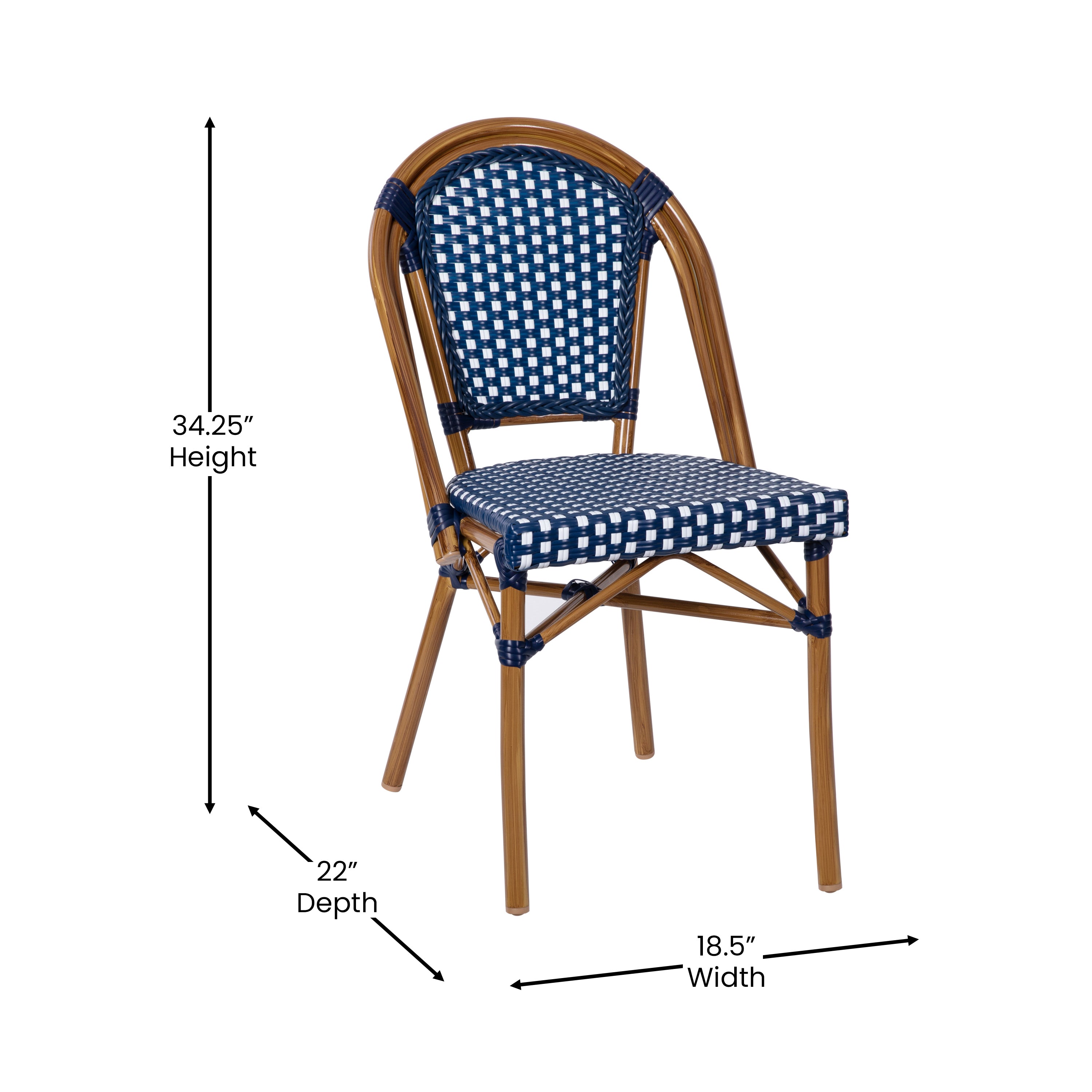 Bordeaux Indoor/Outdoor Commercial Bistro 31.5" Table, Navy and White PE Rattan, Glass Top with 4 Stack Chairs - Natural Frame