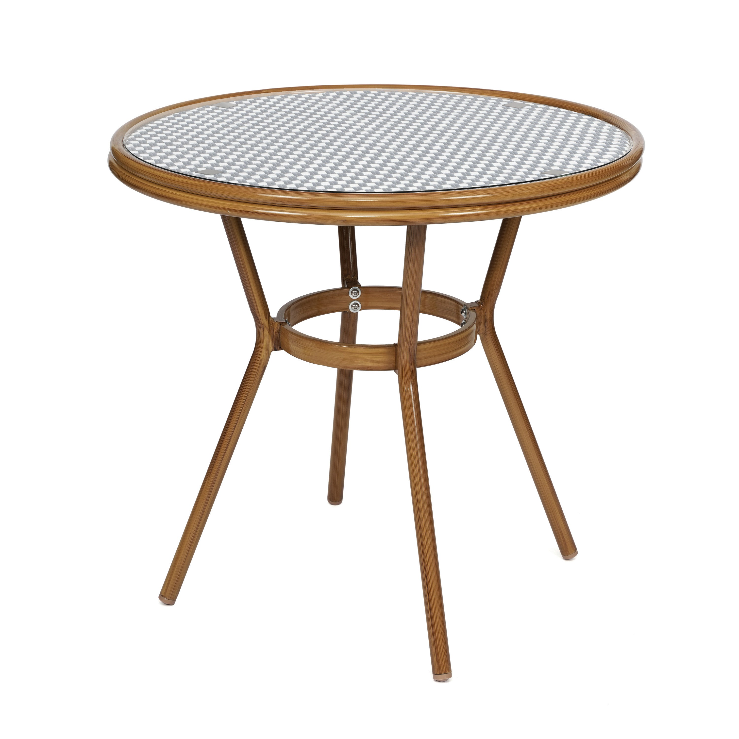 Bordeaux Indoor/Outdoor Commercial Bistro 31.5" Table, Navy and White PE Rattan, Glass Top with 4 Stack Chairs - Natural Frame
