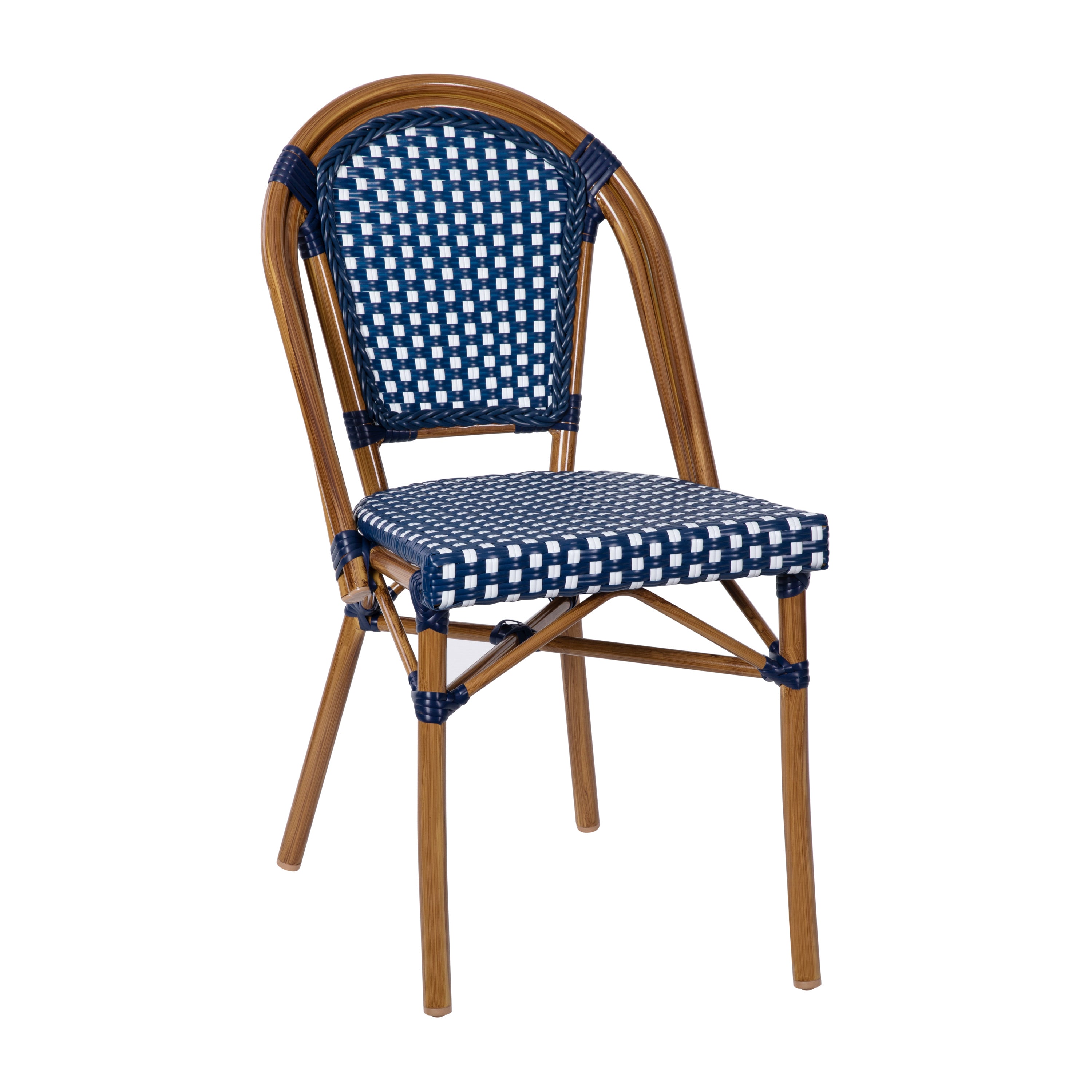 Bordeaux Indoor/Outdoor Commercial Bistro 31.5" Table, Navy and White PE Rattan, Glass Top with 4 Stack Chairs - Natural Frame