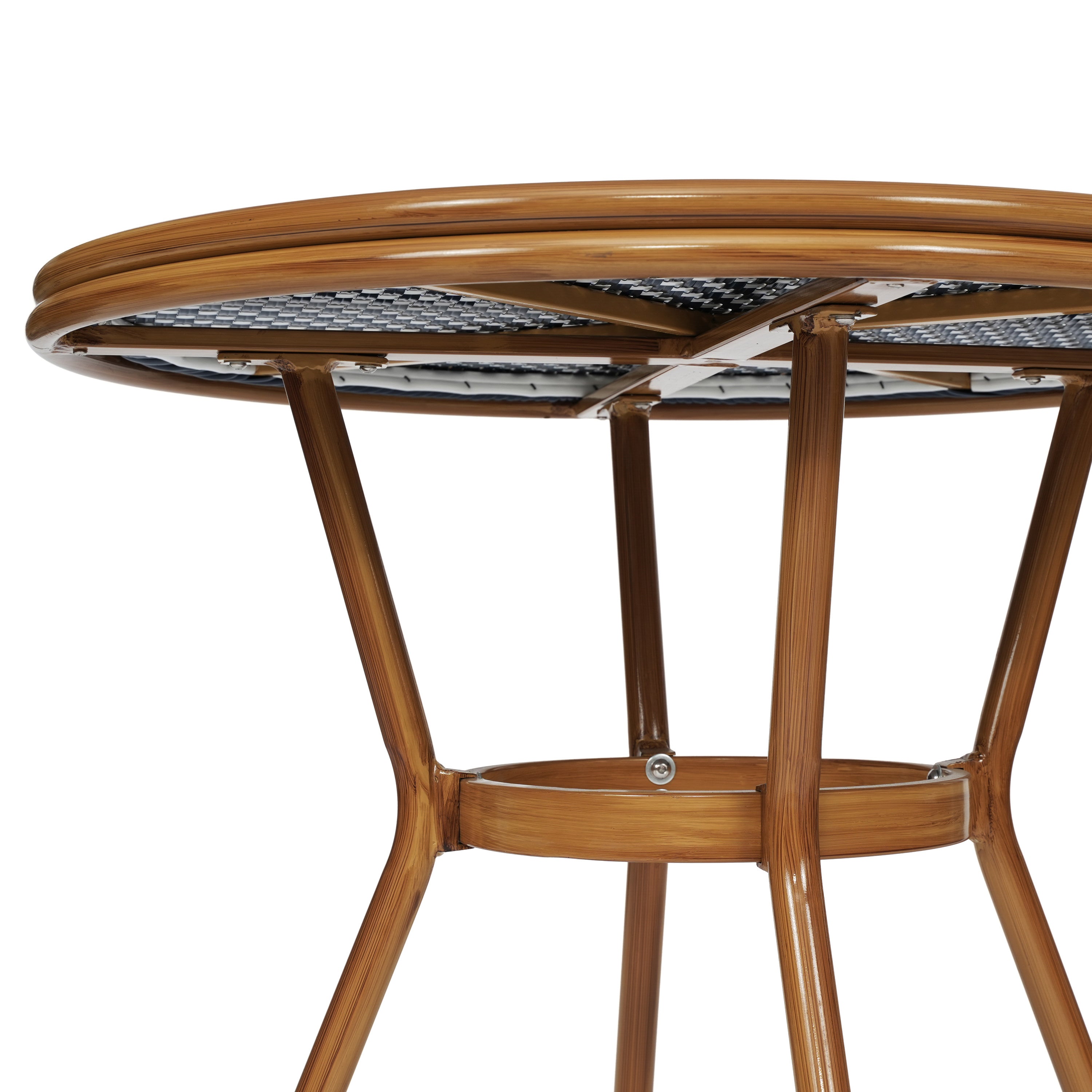 Bordeaux Indoor/Outdoor Commercial Bistro 31.5" Table, Navy and White PE Rattan, Glass Top with 4 Stack Chairs - Natural Frame