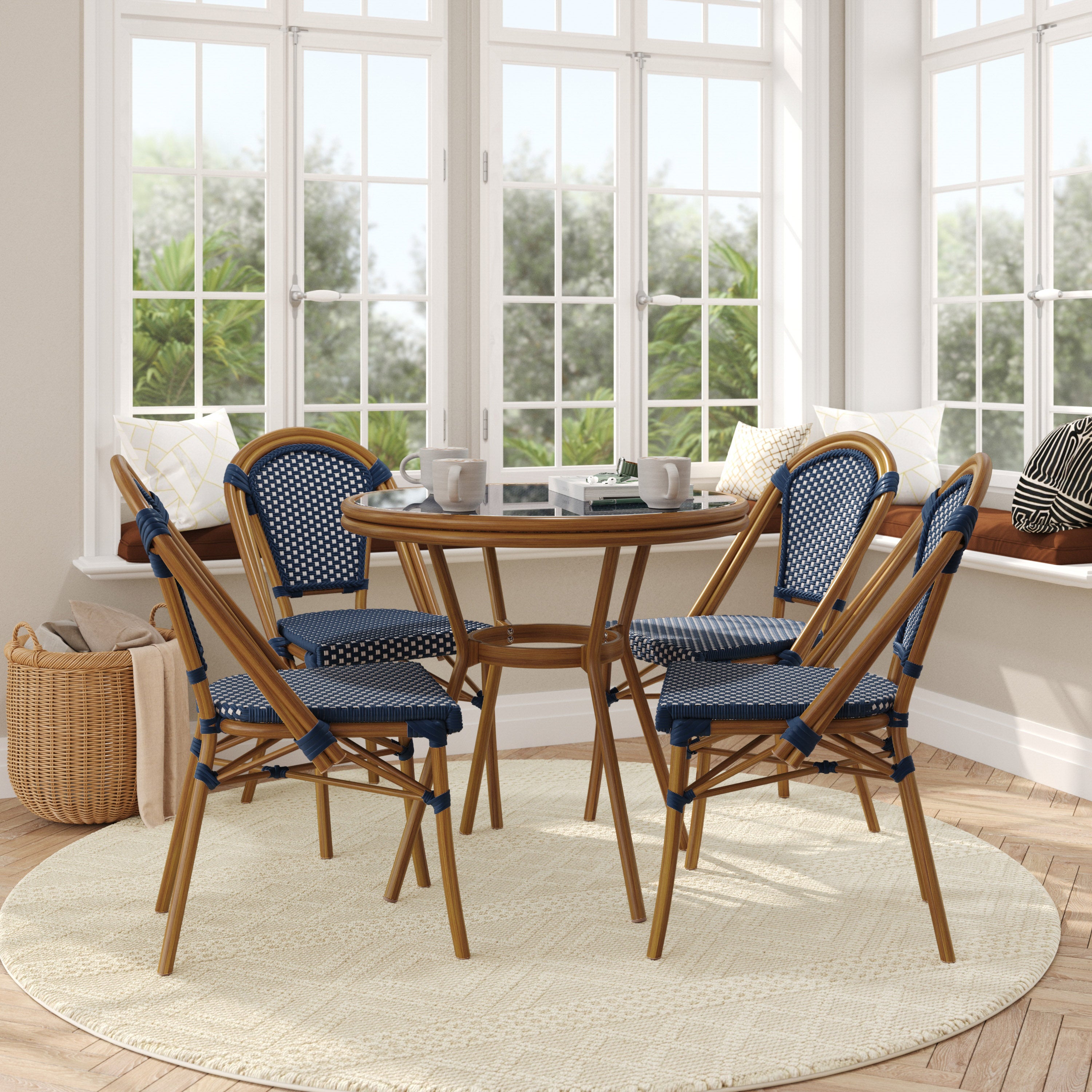 Bordeaux Indoor/Outdoor Commercial Bistro 31.5" Table, Navy and White PE Rattan, Glass Top with 4 Stack Chairs - Natural Frame