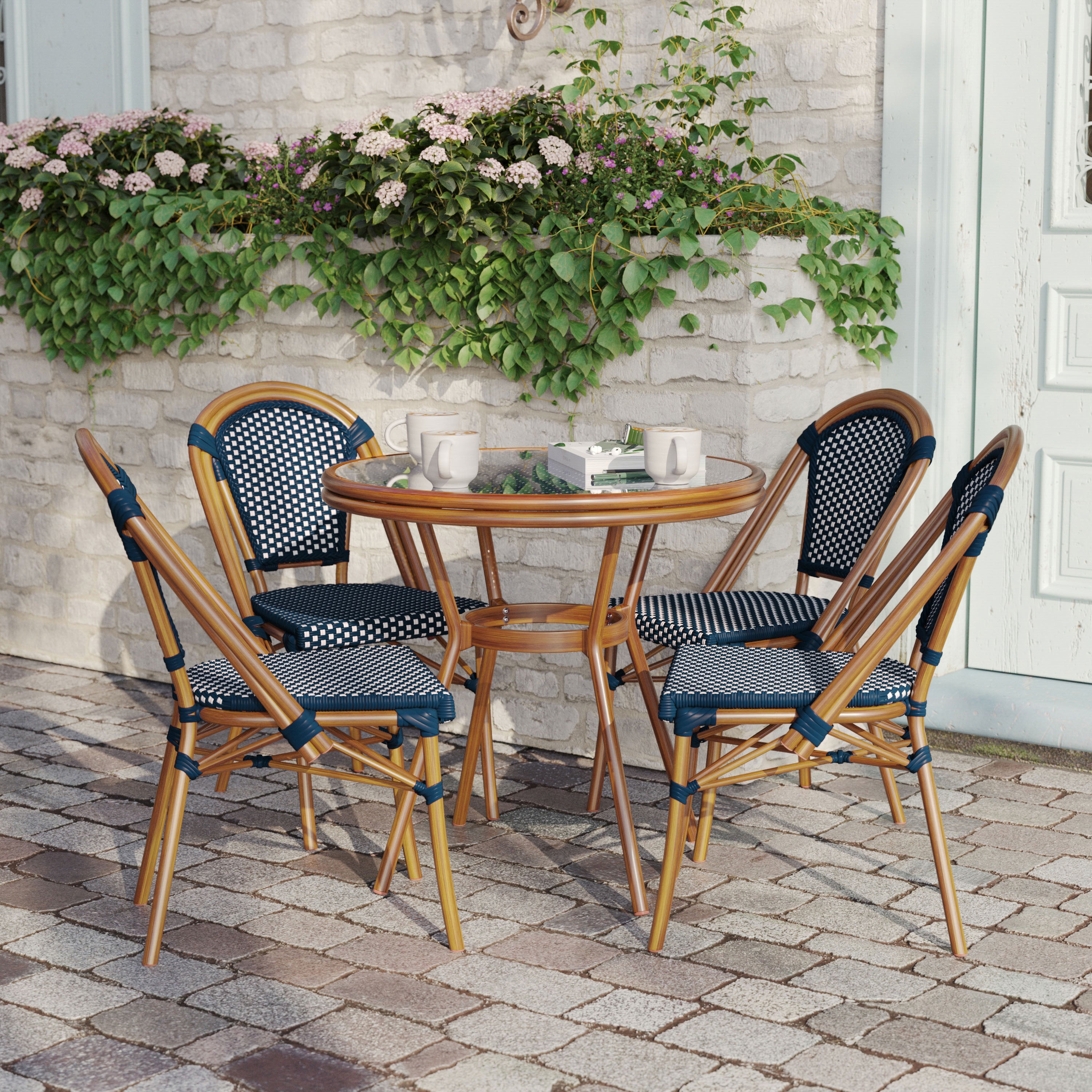 Bordeaux Indoor/Outdoor Commercial Bistro 31.5" Table, Navy and White PE Rattan, Glass Top with 4 Stack Chairs - Natural Frame