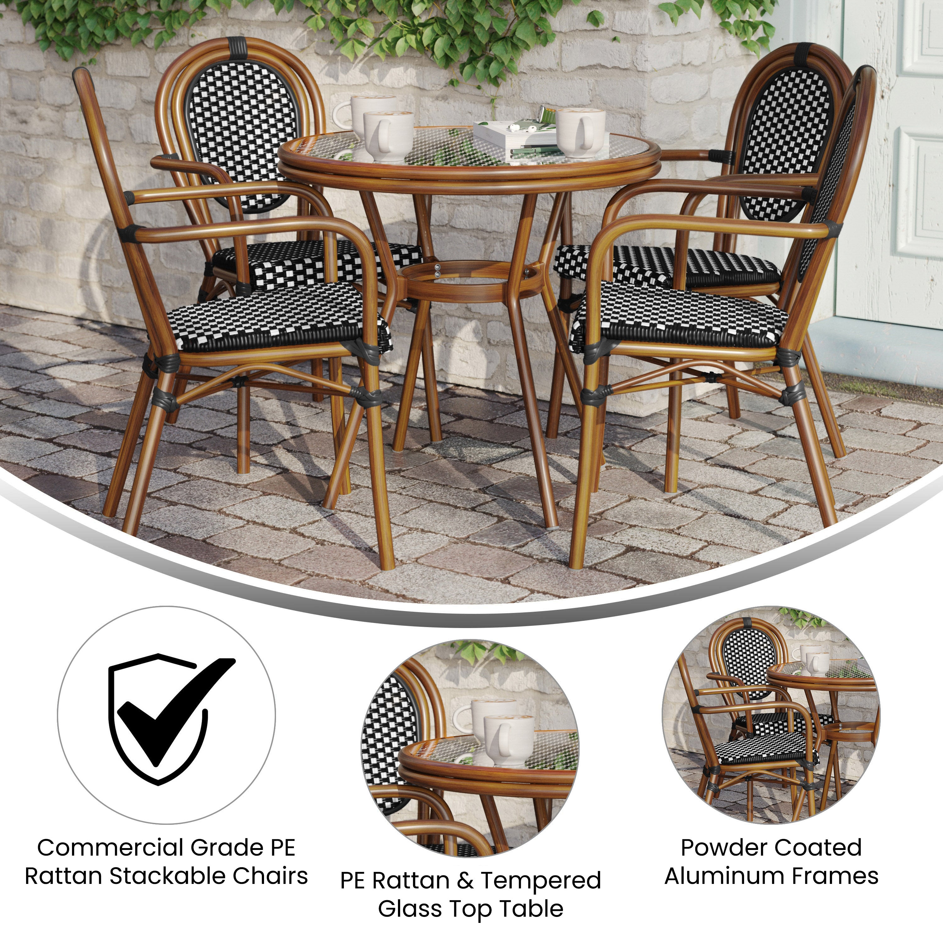 Lourdes Indoor/Outdoor Commercial Bistro 31.5" Table, Black and White PE Rattan, Glass Top with 4 Stack Chairs
