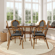 Lourdes Indoor/Outdoor Commercial Bistro 31.5" Table, Black and White PE Rattan, Glass Top with 4 Stack Chairs