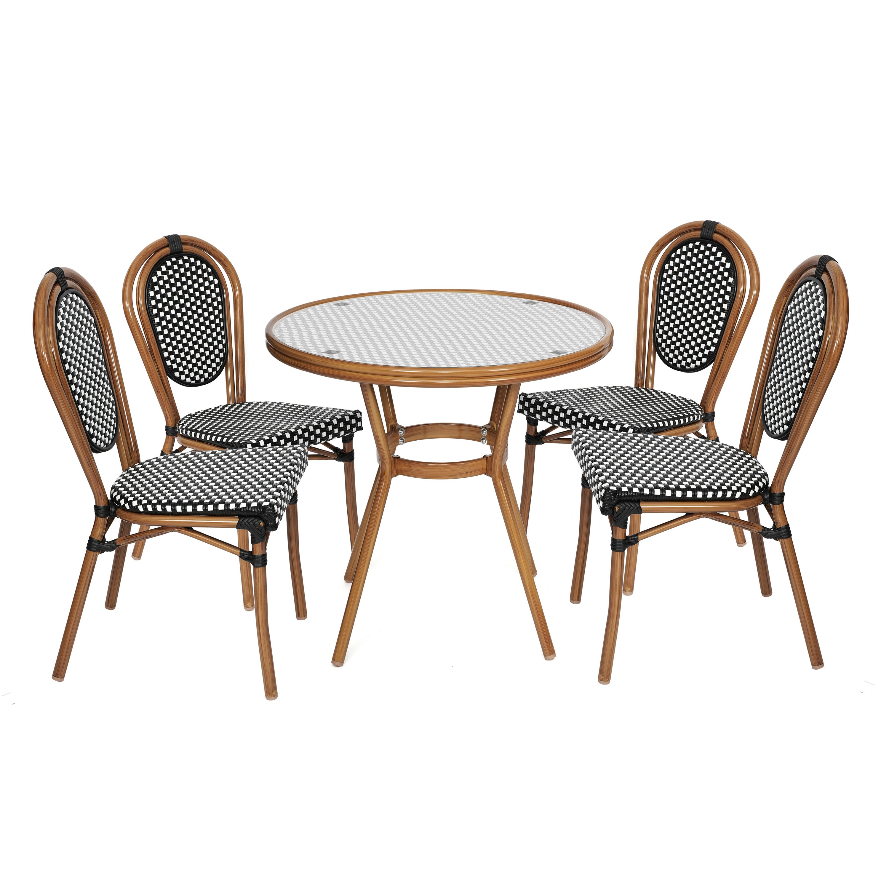 Lourdes Indoor/Outdoor Commercial Bistro 31.5" Table, Black and White PE Rattan, Glass Top with 4 Stack Chairs