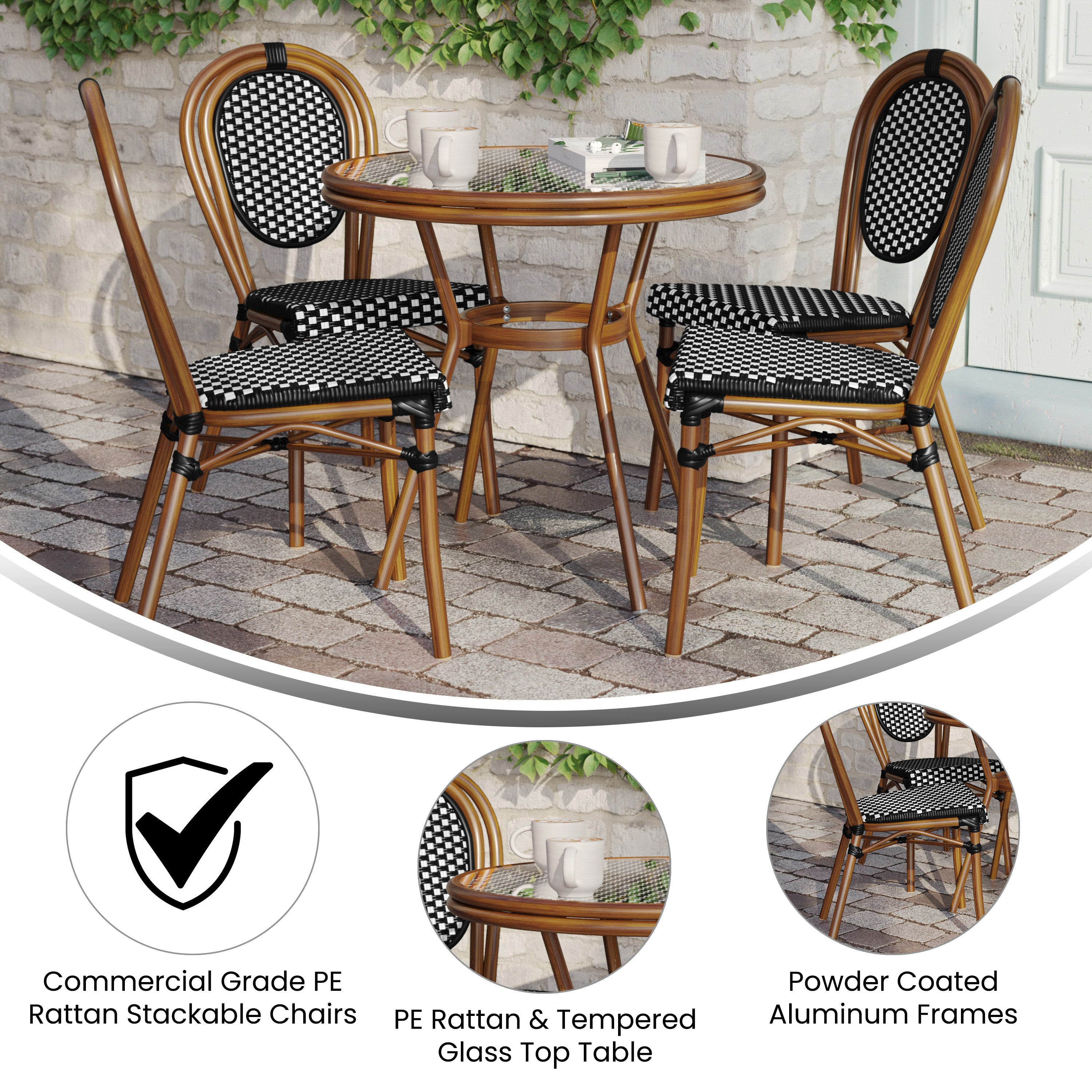 Lourdes Indoor/Outdoor Commercial Bistro 31.5" Table, Black and White PE Rattan, Glass Top with 4 Stack Chairs