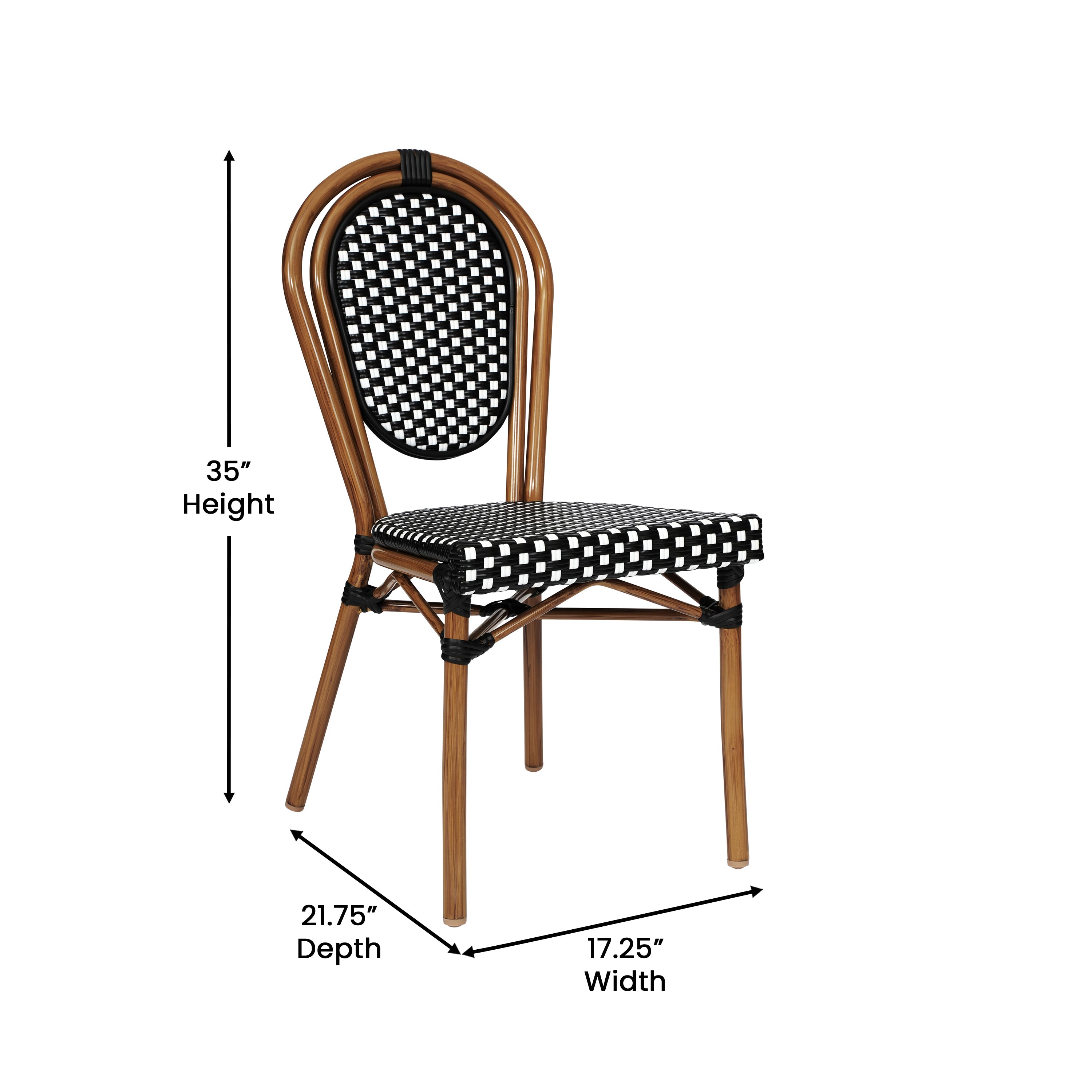 Lourdes Indoor/Outdoor Commercial Bistro 31.5" Table, Black and White PE Rattan, Glass Top with 4 Stack Chairs