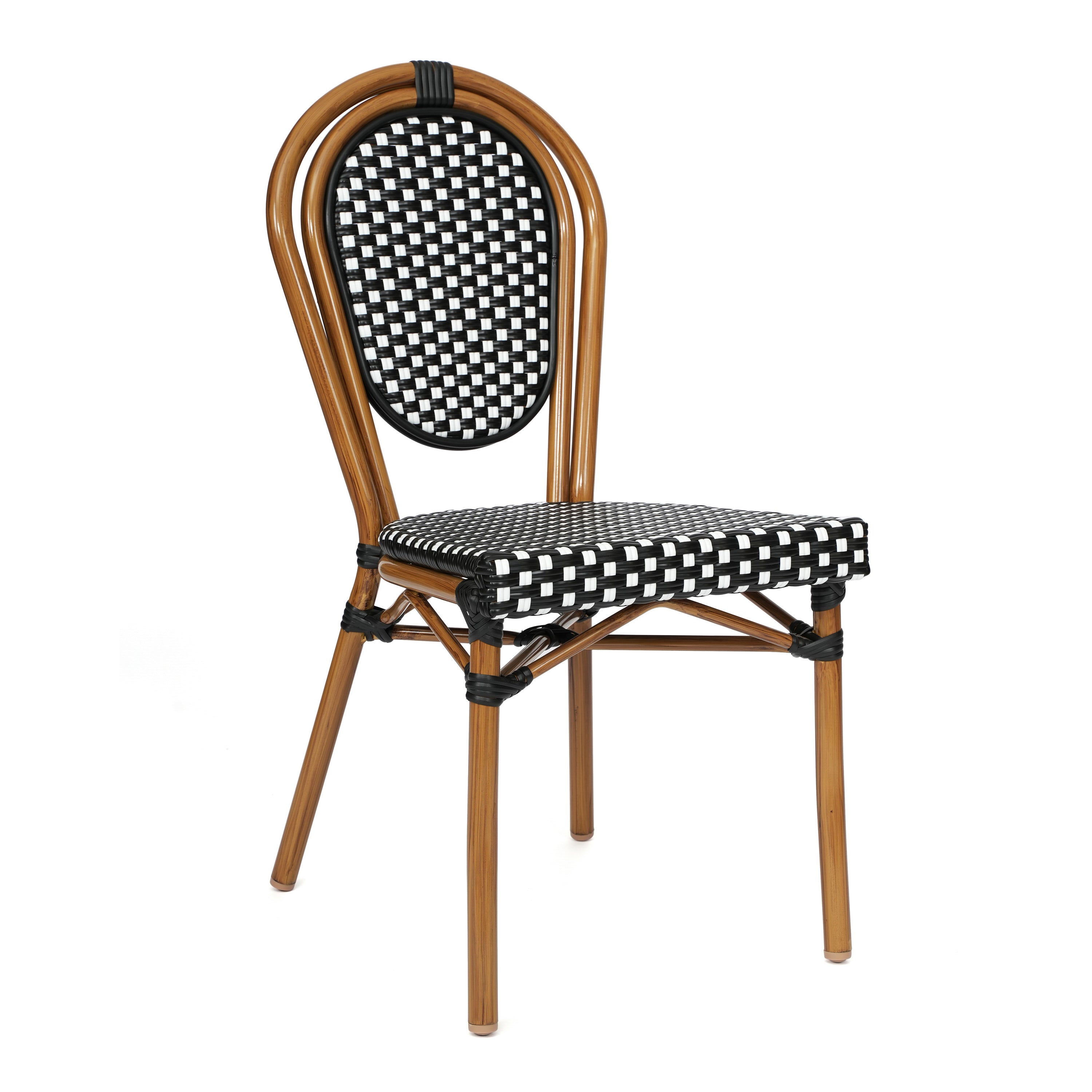Lourdes Indoor/Outdoor Commercial Bistro 31.5" Table, Black and White PE Rattan, Glass Top with 4 Stack Chairs