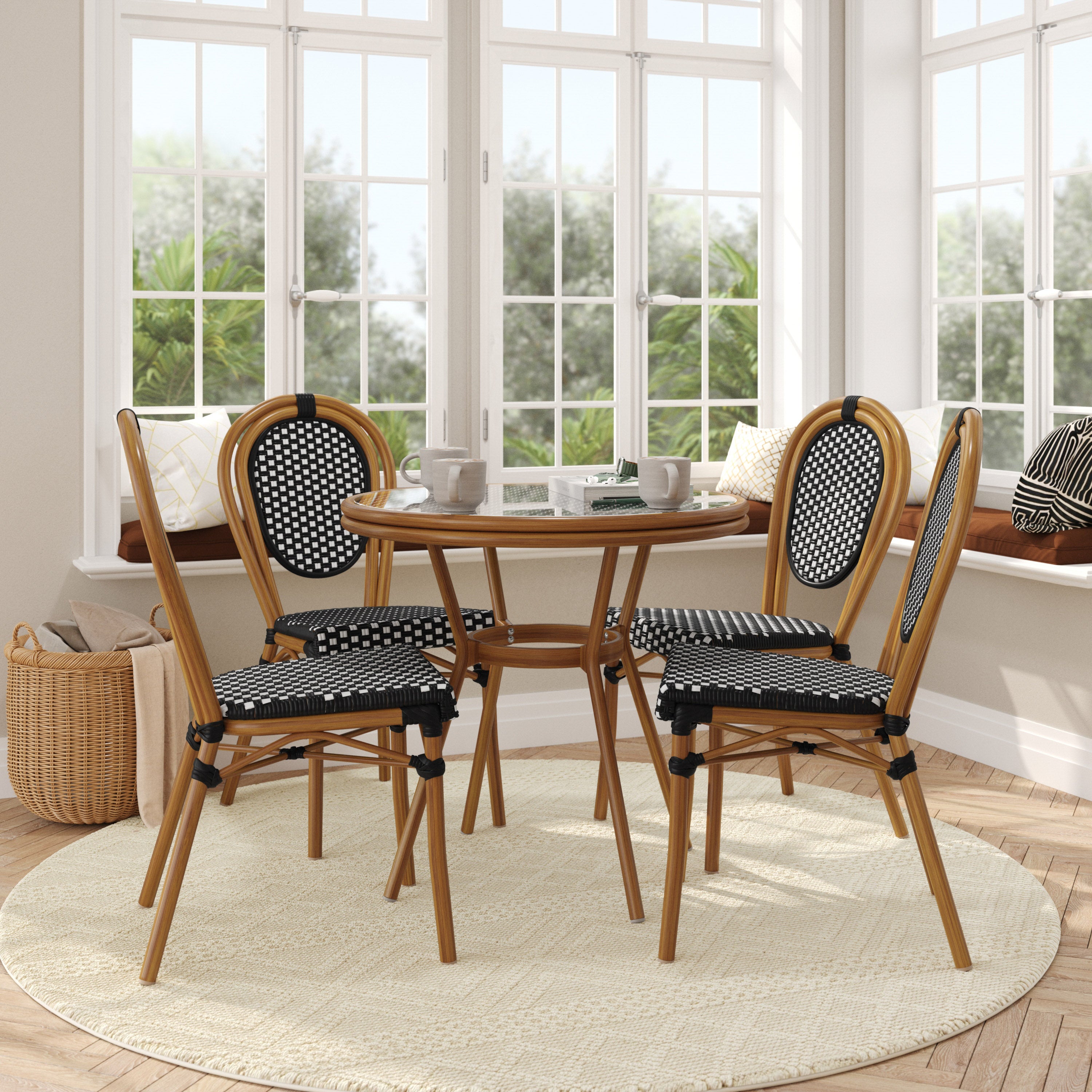 Lourdes Indoor/Outdoor Commercial Bistro 31.5" Table, Black and White PE Rattan, Glass Top with 4 Stack Chairs