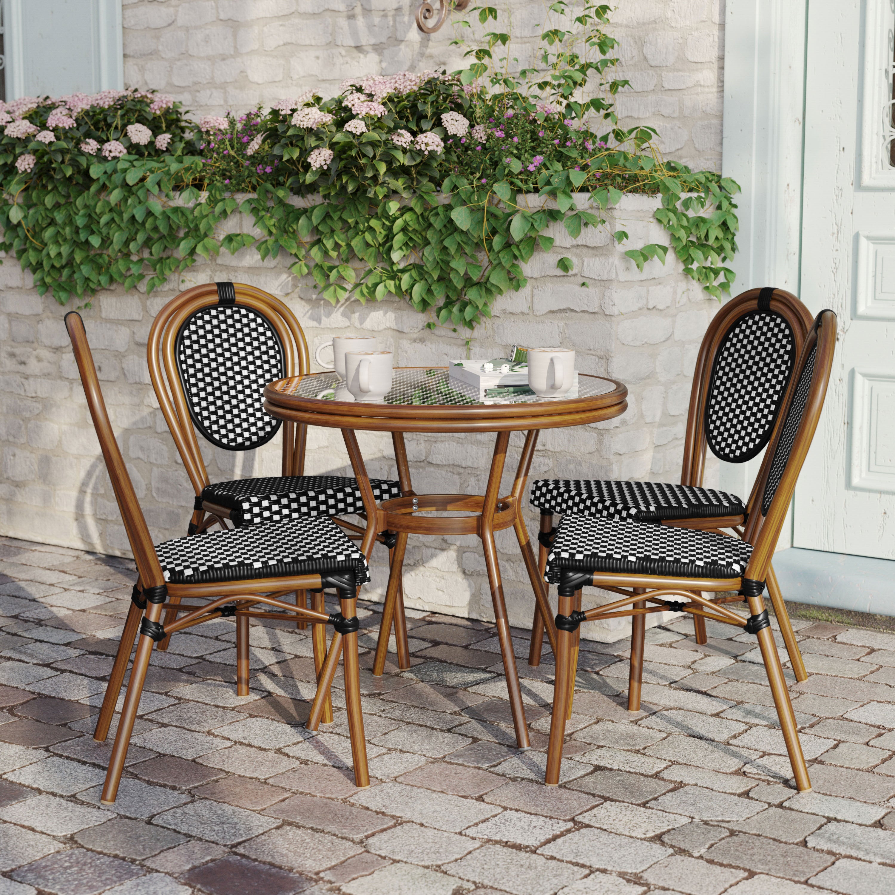 Lourdes Indoor/Outdoor Commercial Bistro 31.5" Table, Black and White PE Rattan, Glass Top with 4 Stack Chairs