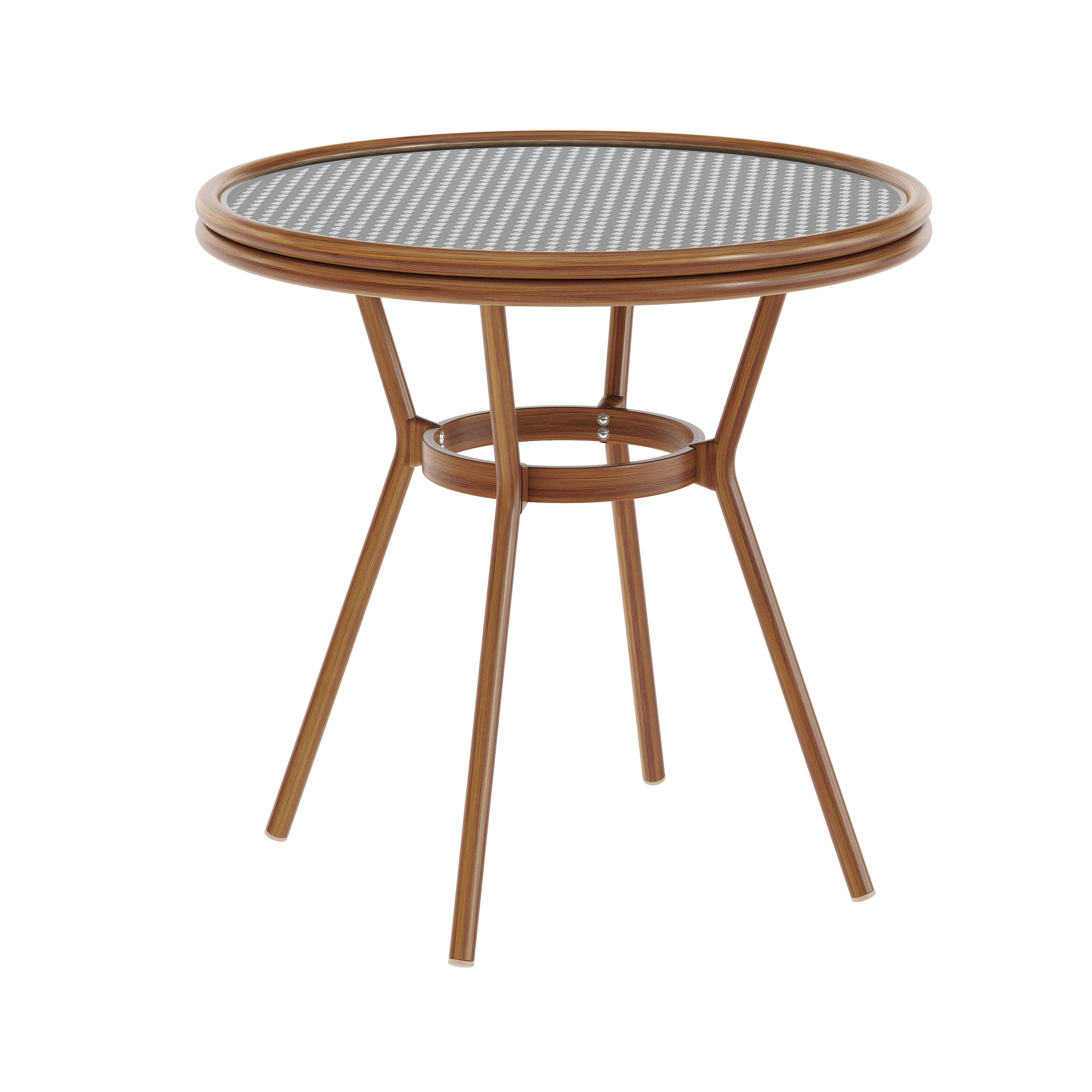 Lourdes Indoor/Outdoor Commercial Bistro 31.5" Table, Black and White PE Rattan, Glass Top, Bamboo Print Aluminum Frame in Natural