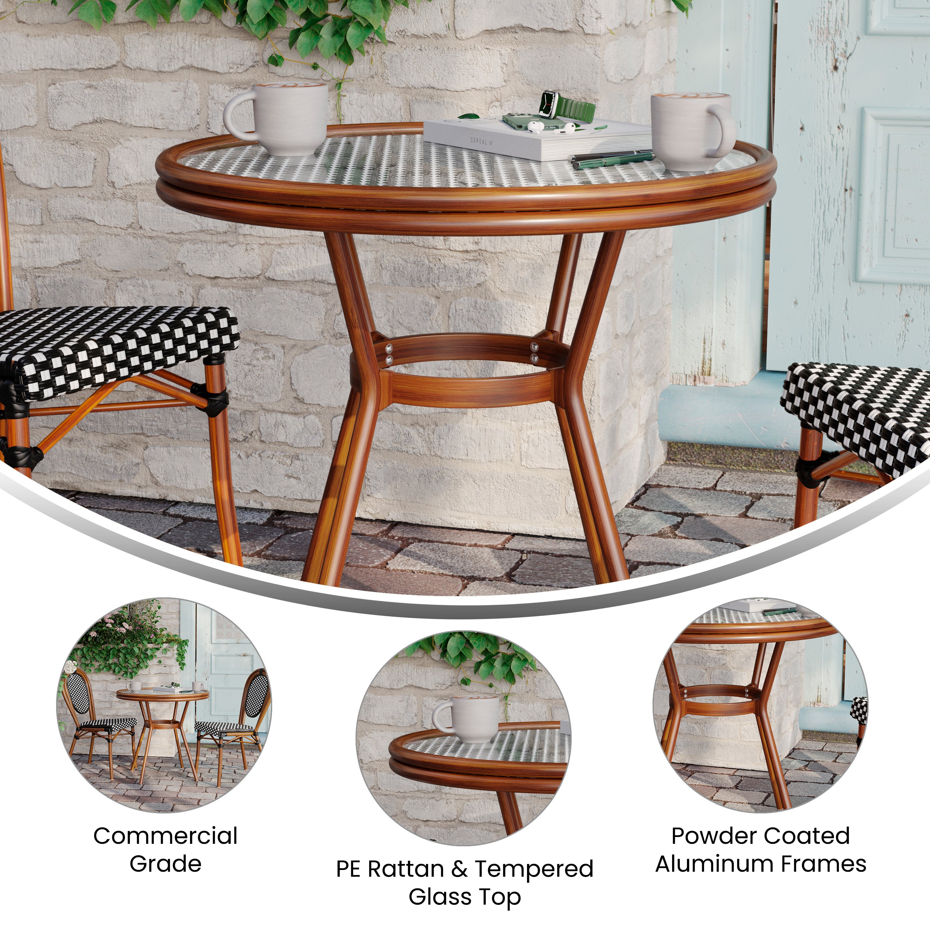 Lourdes Indoor/Outdoor Commercial Bistro 31.5" Table, Black and White PE Rattan, Glass Top, Bamboo Print Aluminum Frame in Natural