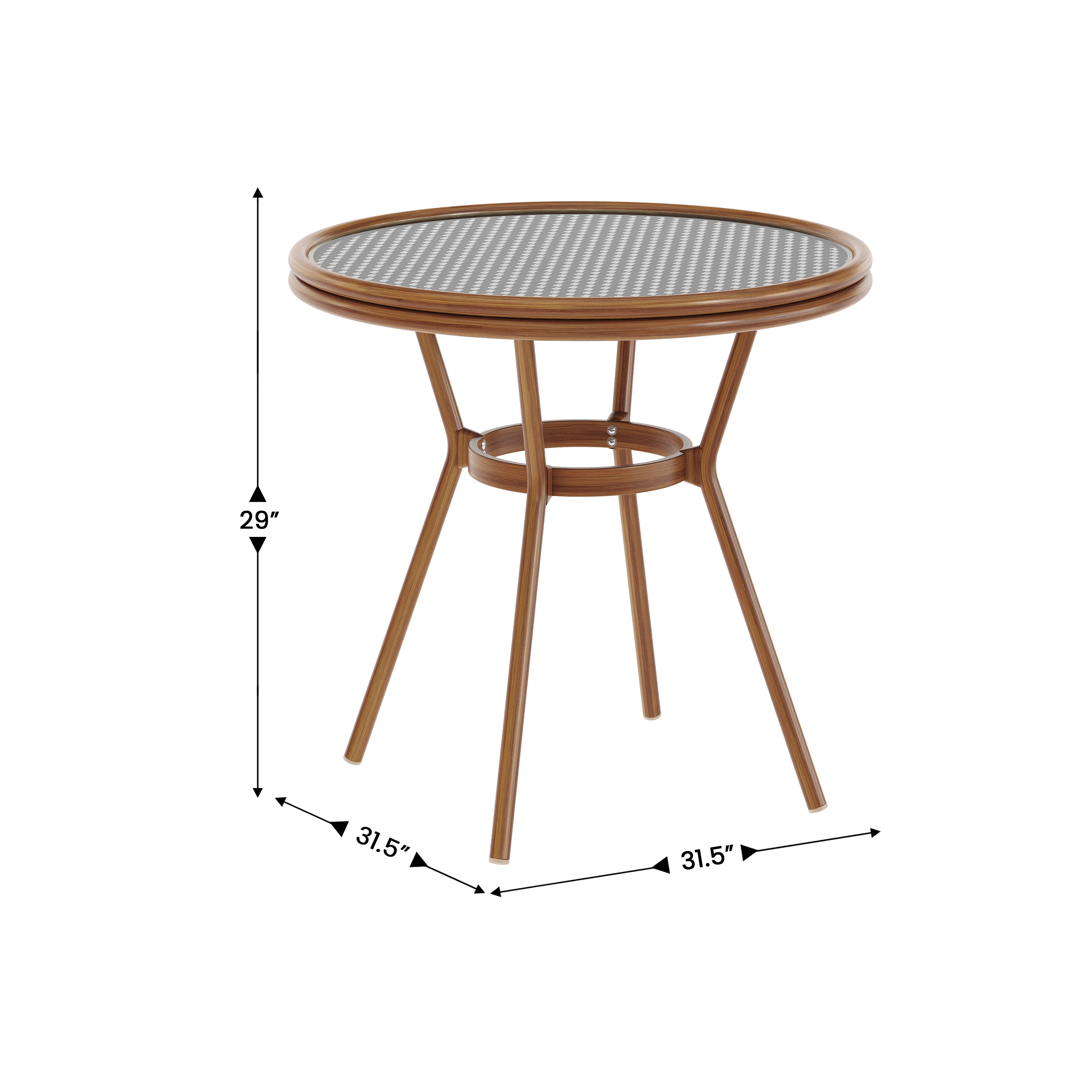 Lourdes Indoor/Outdoor Commercial Bistro 31.5" Table, Black and White PE Rattan, Glass Top, Bamboo Print Aluminum Frame in Natural