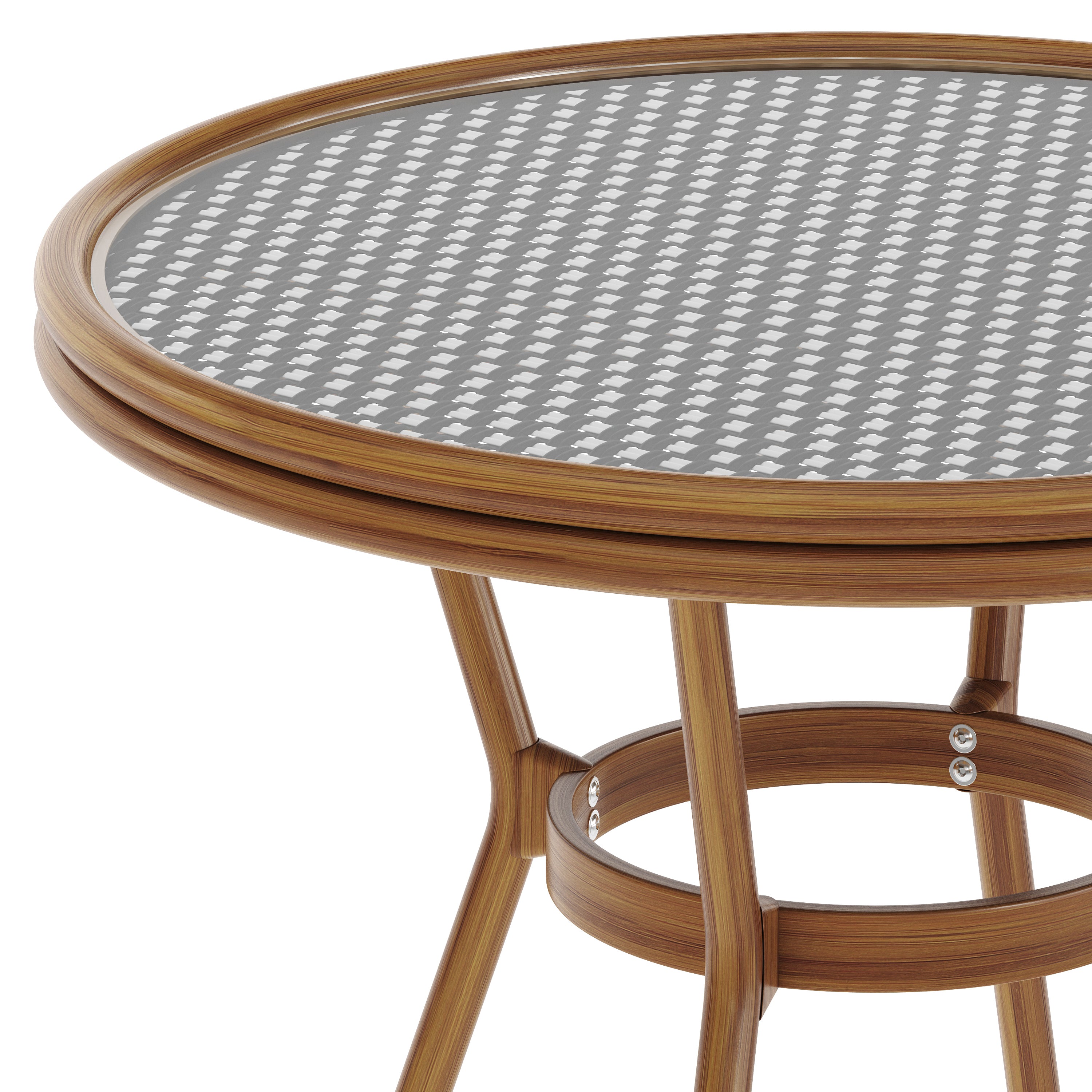 Lourdes Indoor/Outdoor Commercial Bistro 31.5" Table, Black and White PE Rattan, Glass Top, Bamboo Print Aluminum Frame in Natural